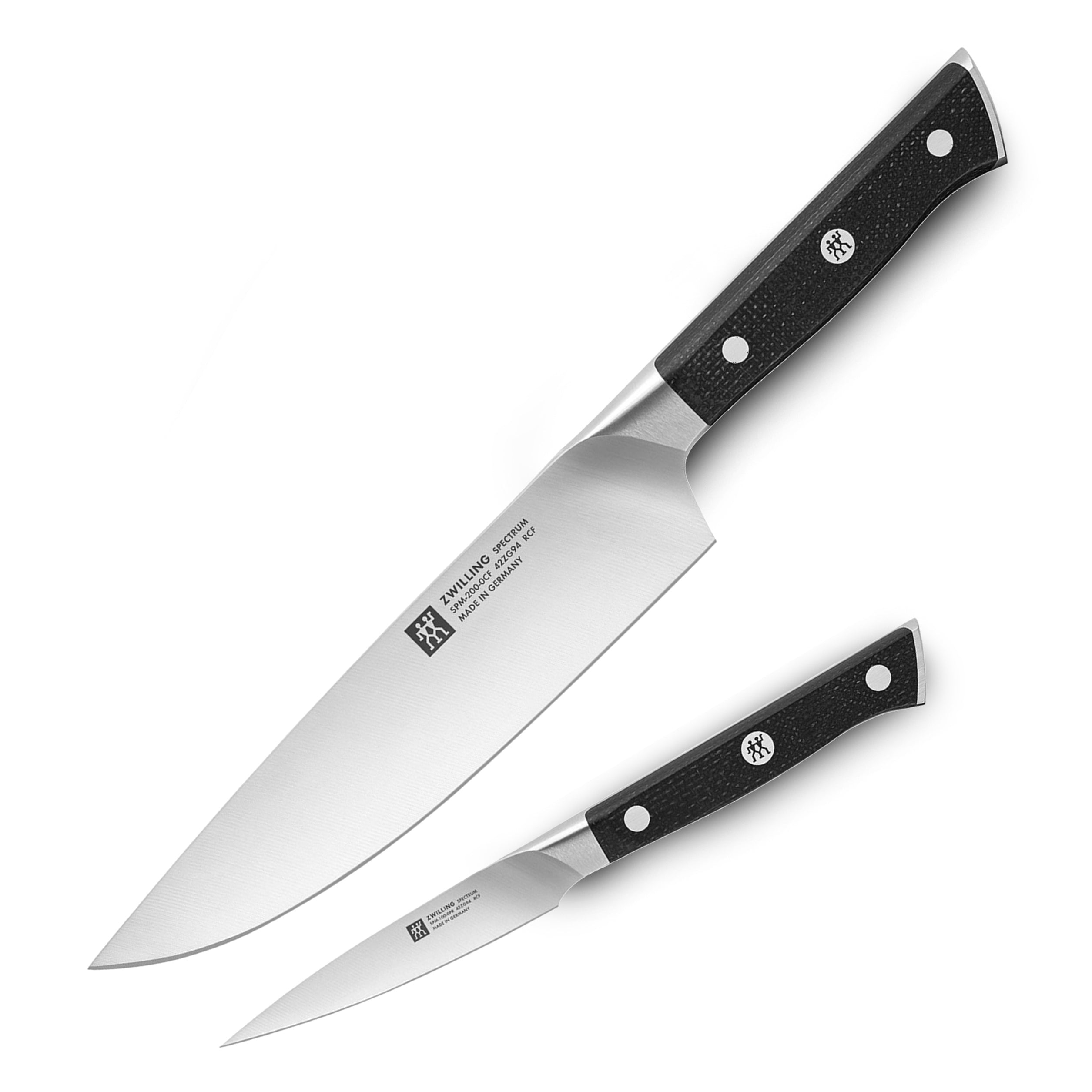 Close-up of Zwilling Spectrum handle showing triple rivets and logo