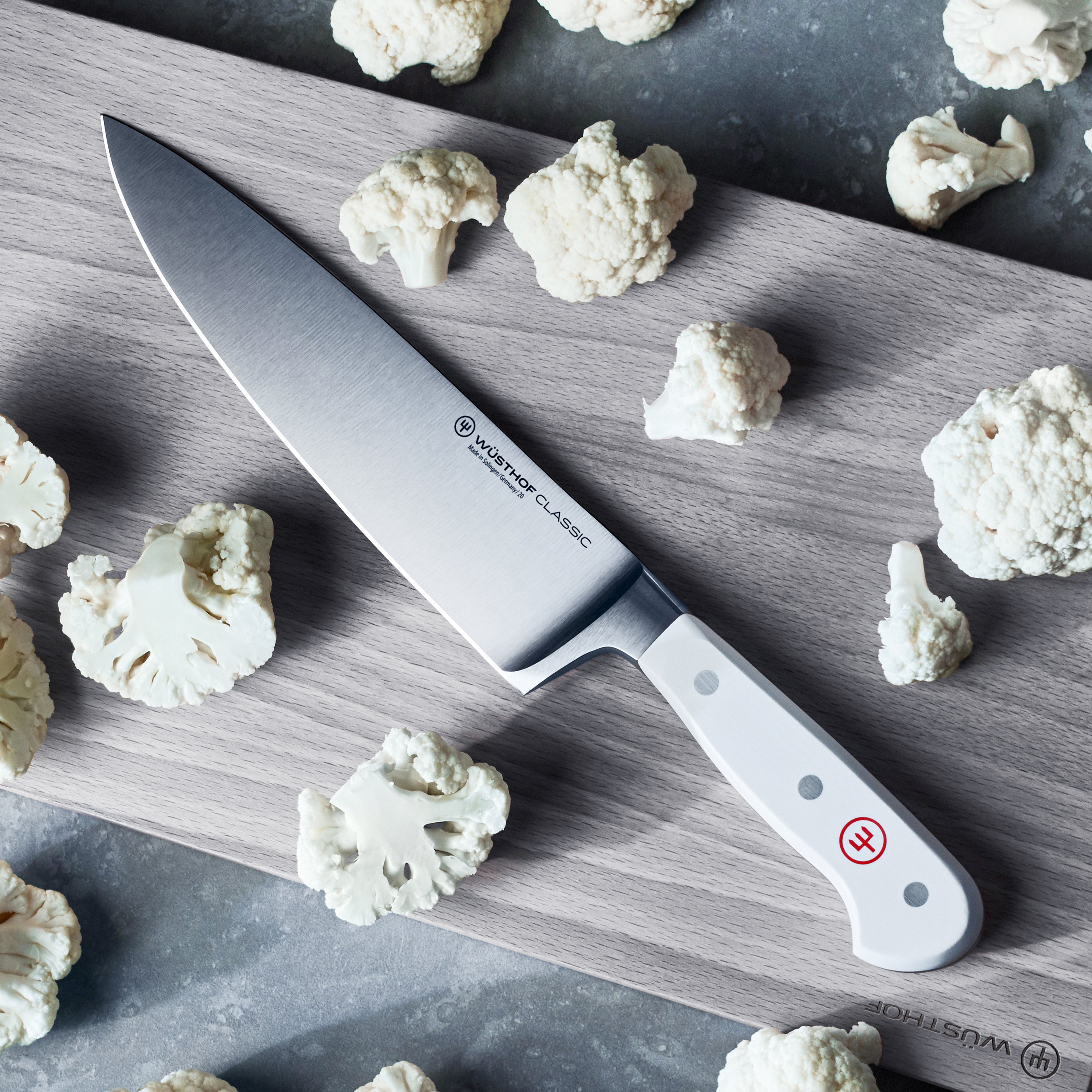 Close-up of Wusthof Classic White 6-piece knife set with sharp blades