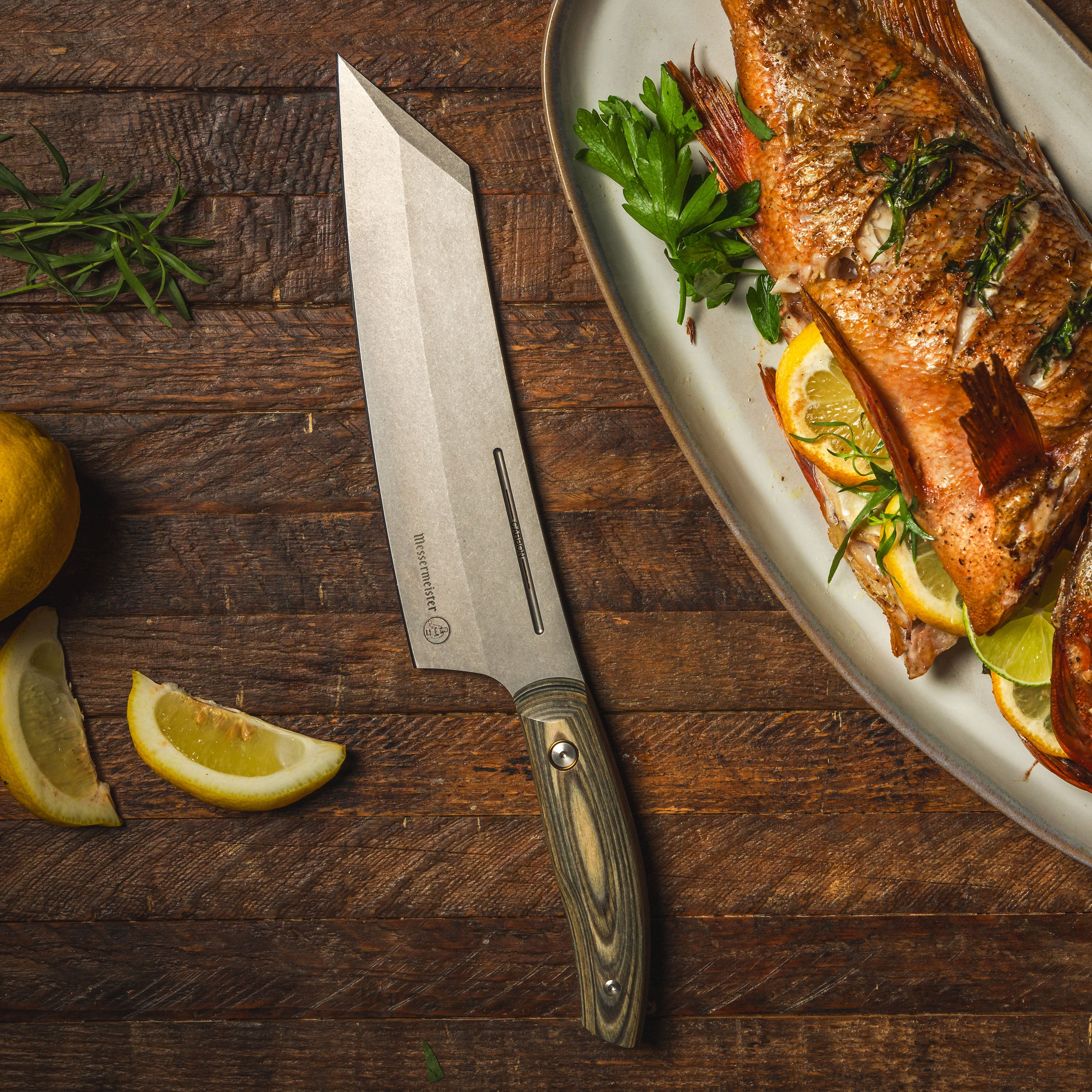 Messermeister knife set in a sleek magnetic block, showcasing its modern design.