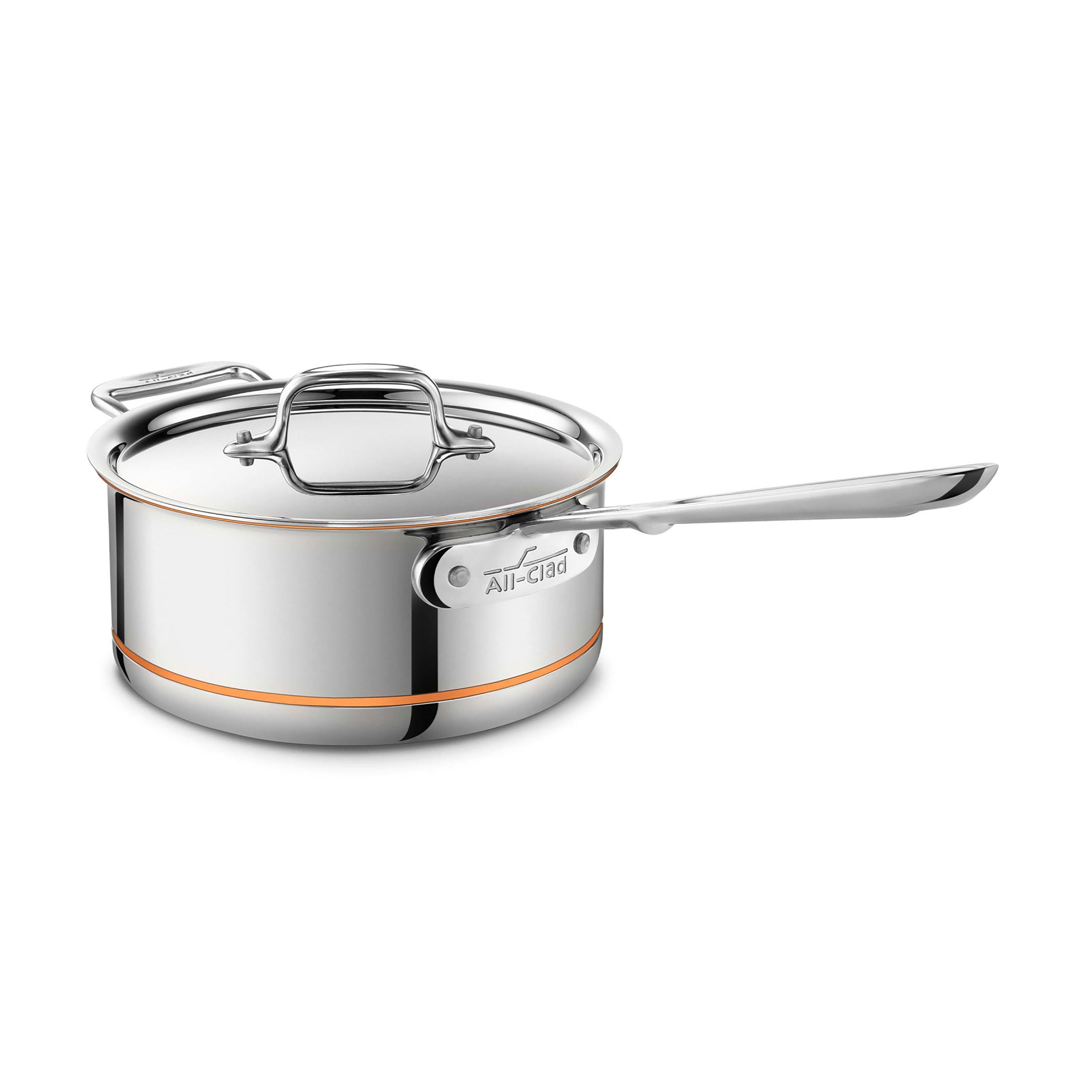 All-Clad copper core saucepan shown from above with lid fitted, highlighting stainless steel handles