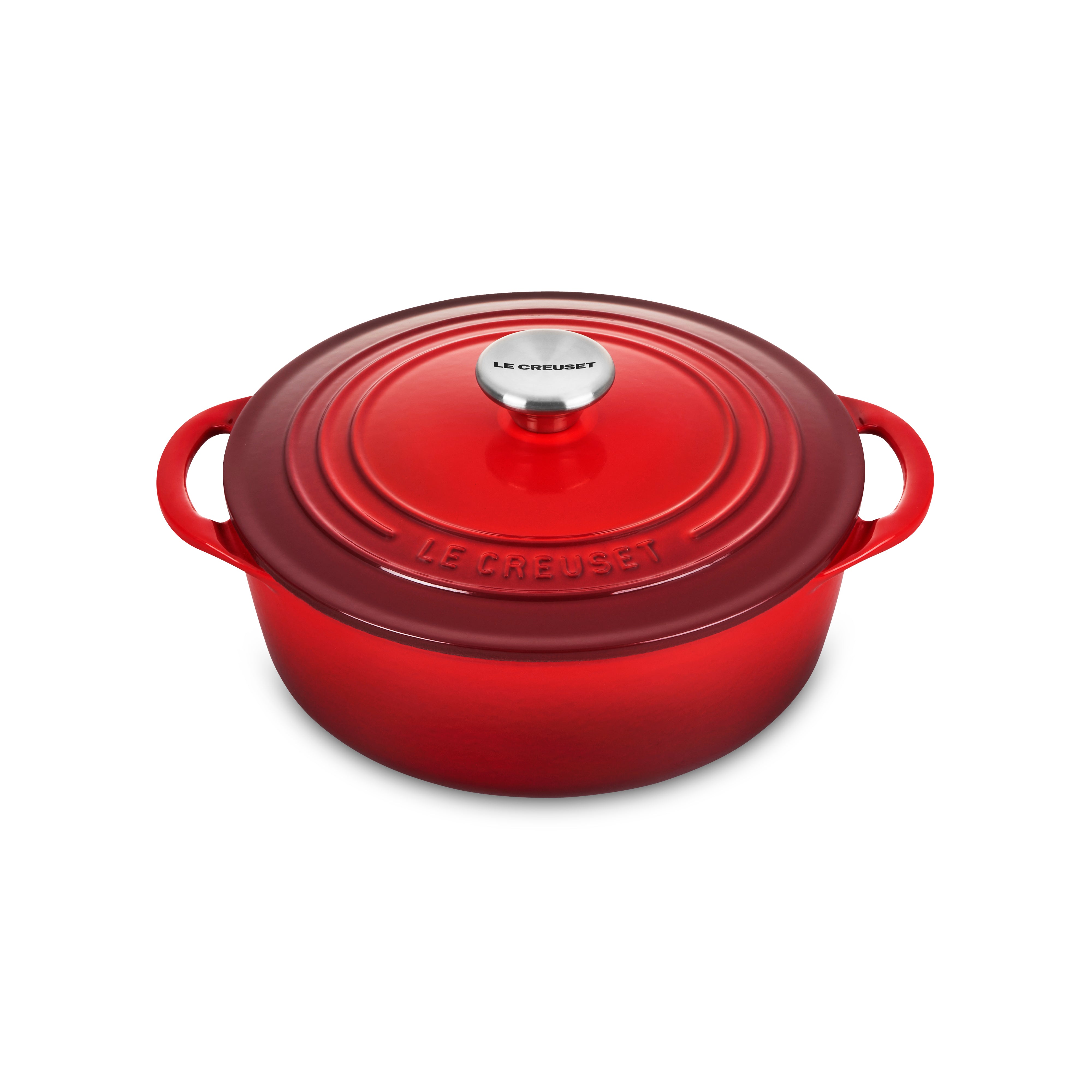 Close-up of Le Creuset 2.75-quart enameled cast iron Dutch oven with lid on stove