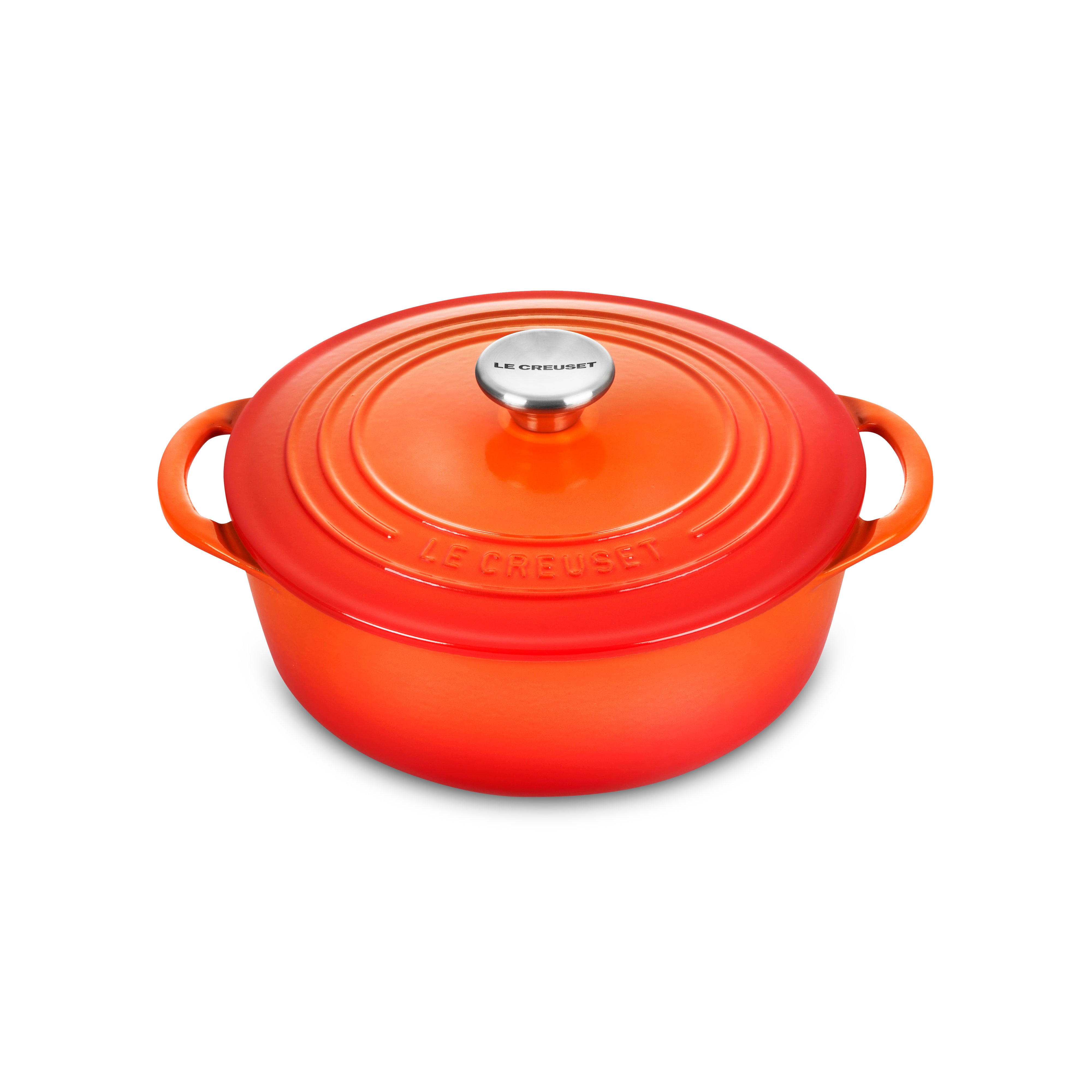 Close-up of the Le Creuset Flame Dutch oven showing its enamel finish