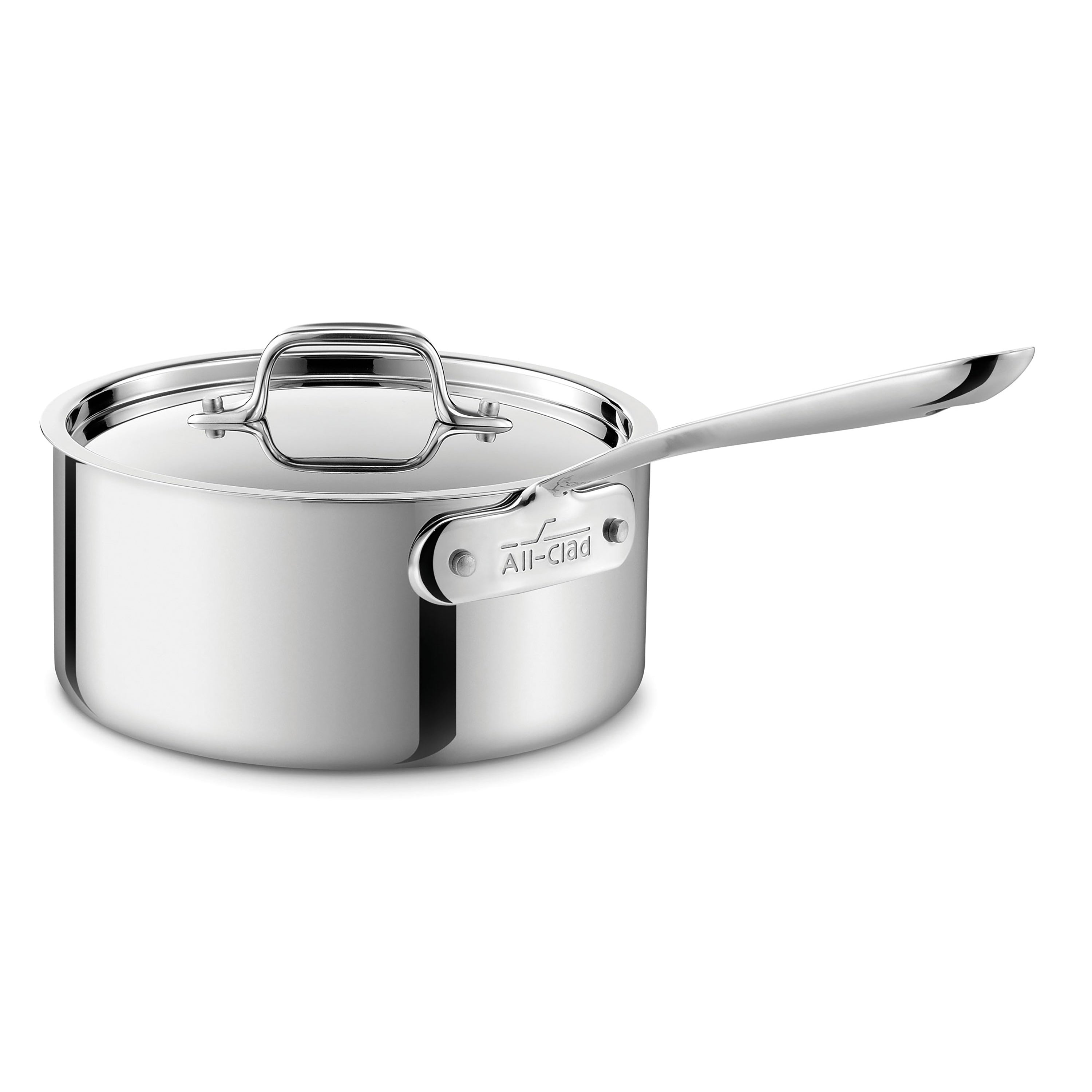 Close-up of All-Clad stainless steel 3-quart saucepan with lid and handles