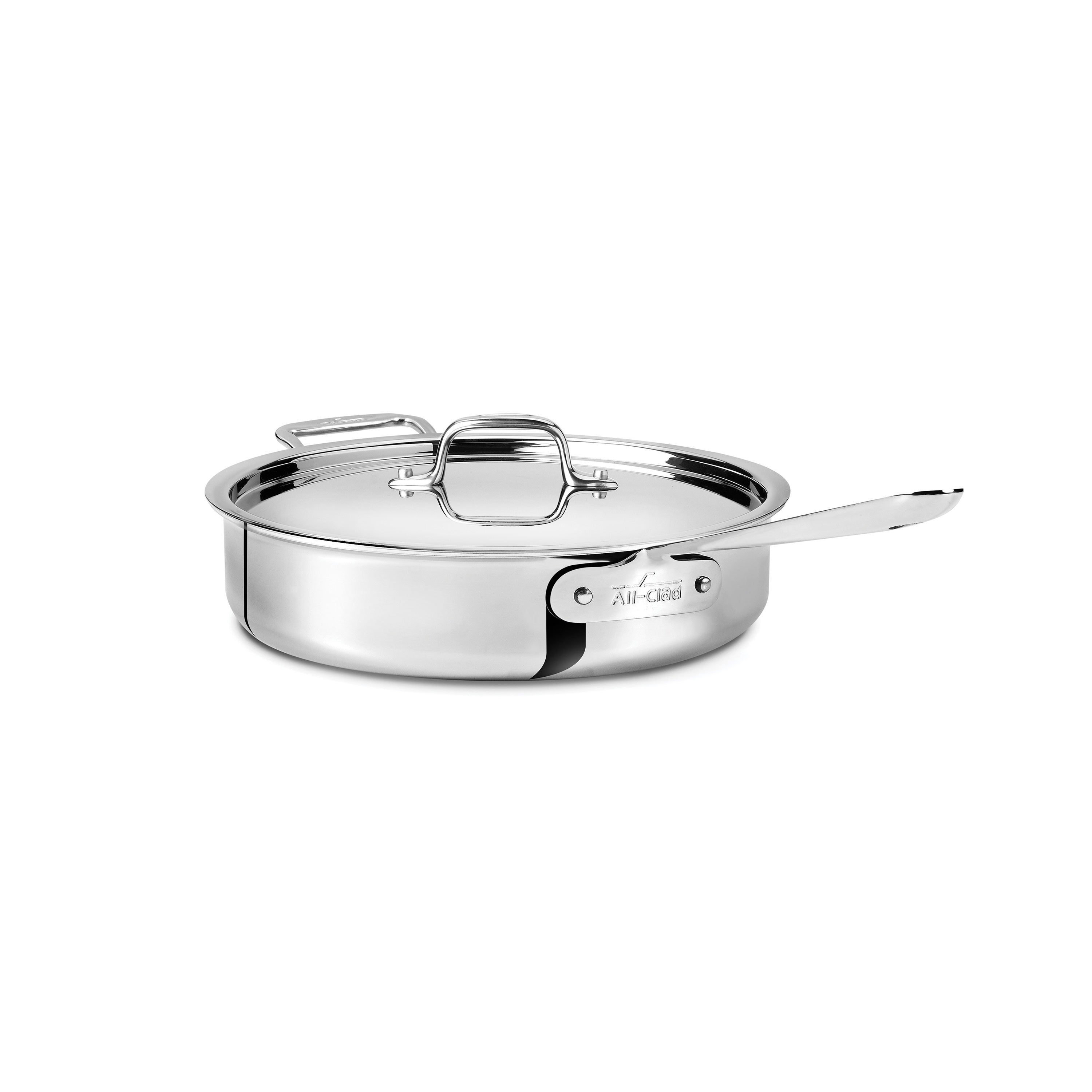 Elite Stainless Steel 3-Quart Saute Pan with polished lid and ergonomic handles.