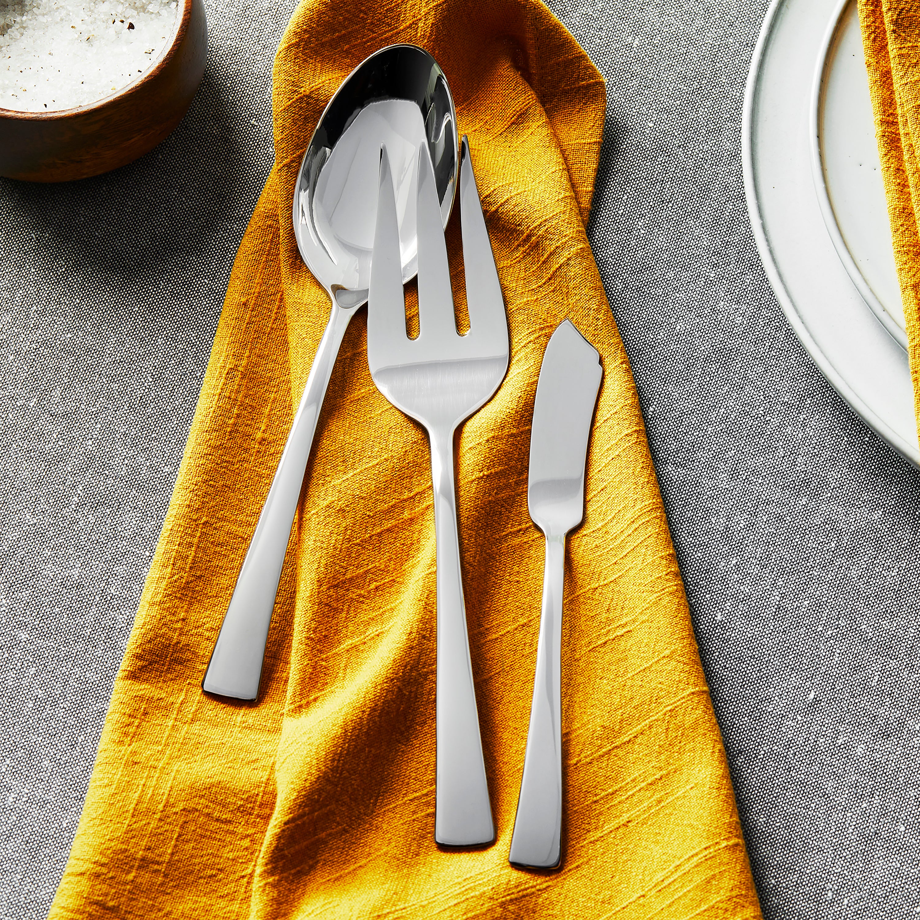Close-up of Zwilling Bellasera polished flatware set with detailed view of utensils