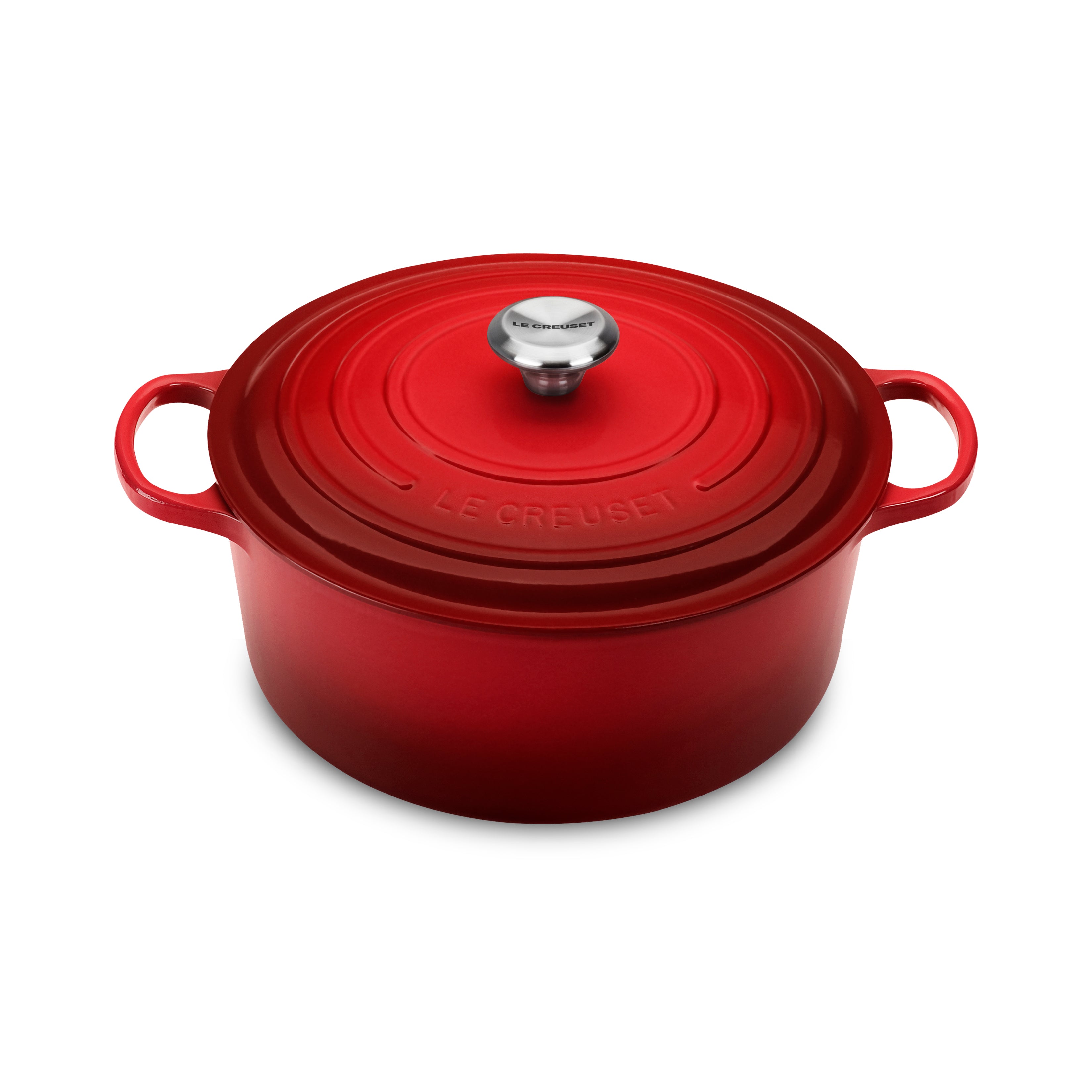 Le Creuset cerise round Dutch oven with lid closed, highlighting its elegant design and durable enamel finish.