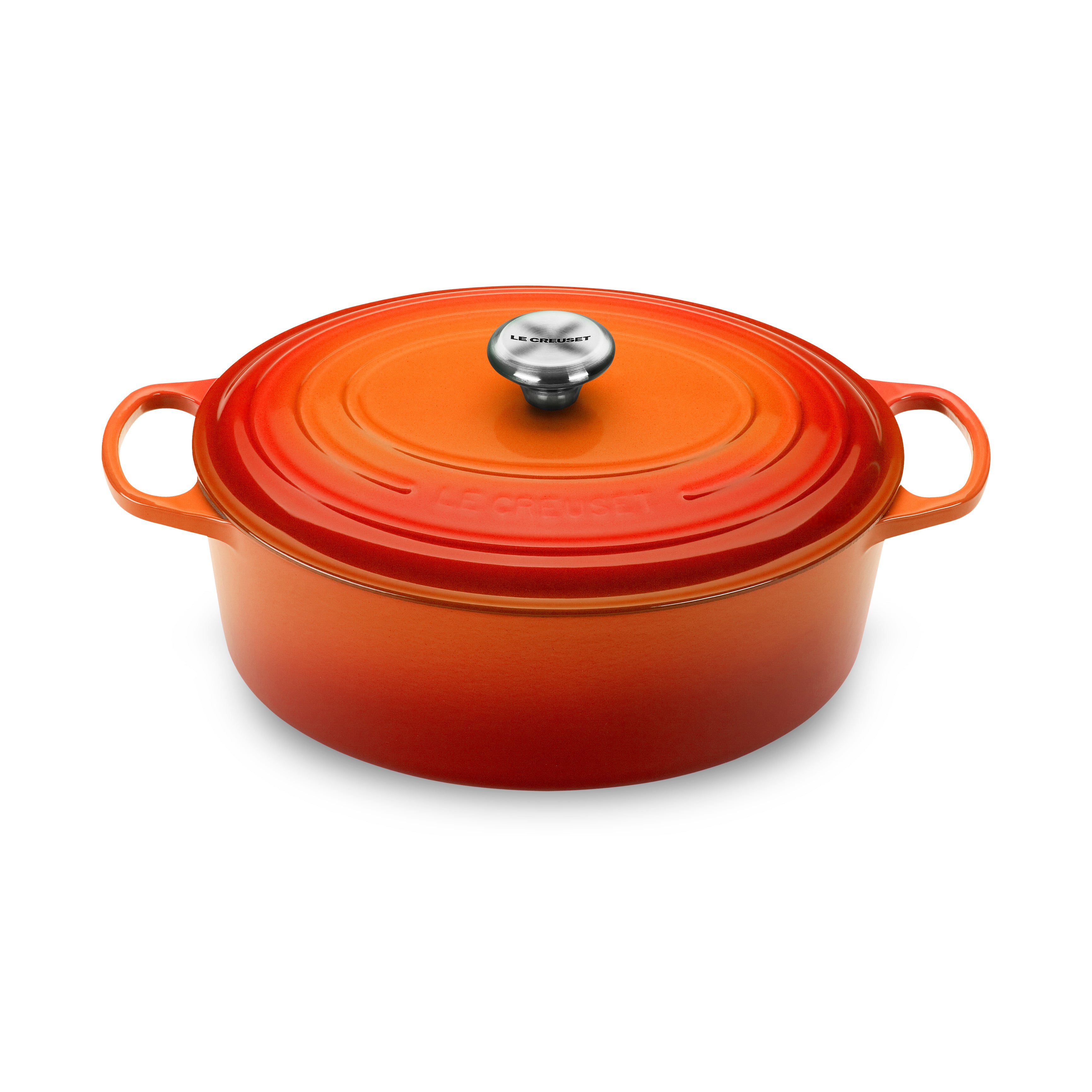Le Creuset Flame 6.75 qt enameled cast iron Dutch oven with lid on stove top