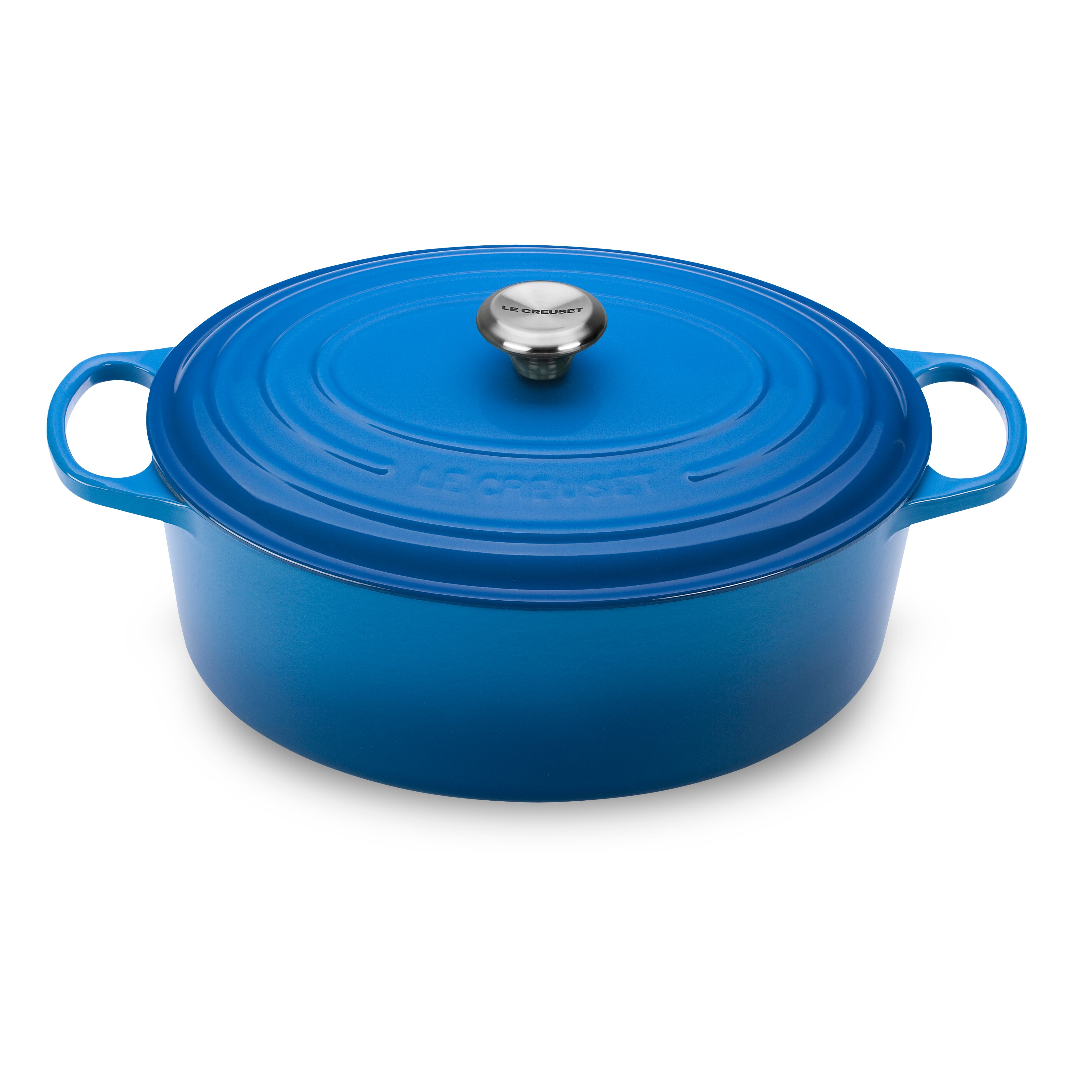 Le Creuset Marseille Oval Dutch Oven with lid closed, demonstrating its vibrant enamel finish.