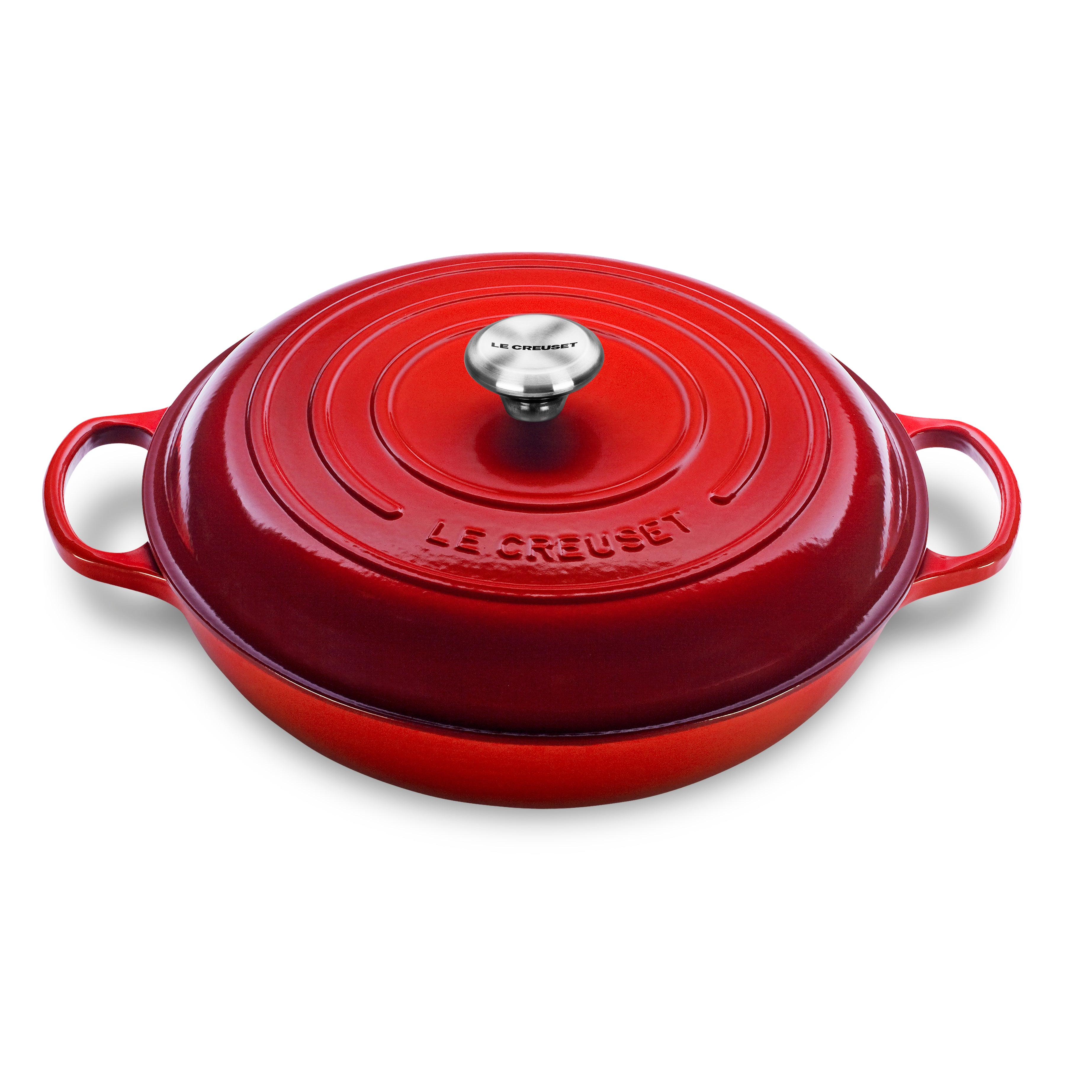 Le Creuset 5-quart braiser in cerise showcasing its durable enamel and ergonomic design.