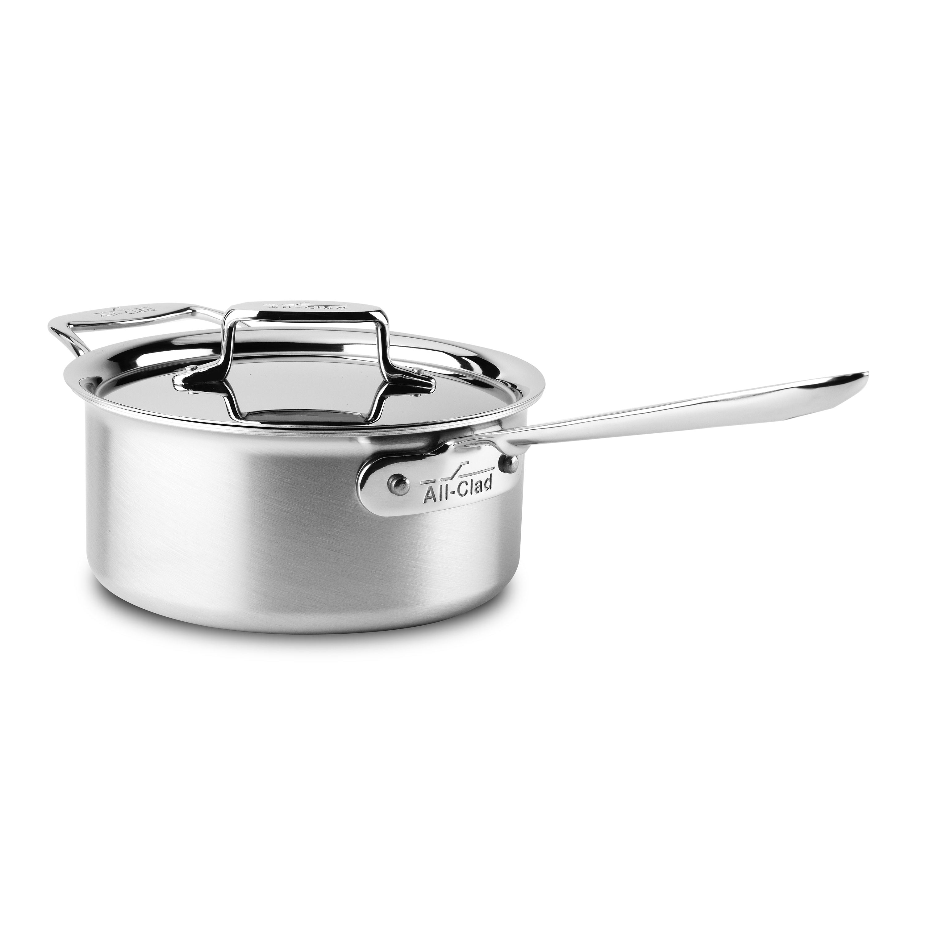Premium All-Clad D5 3-quart saucepan showcasing brushed stainless steel finish and loop handle