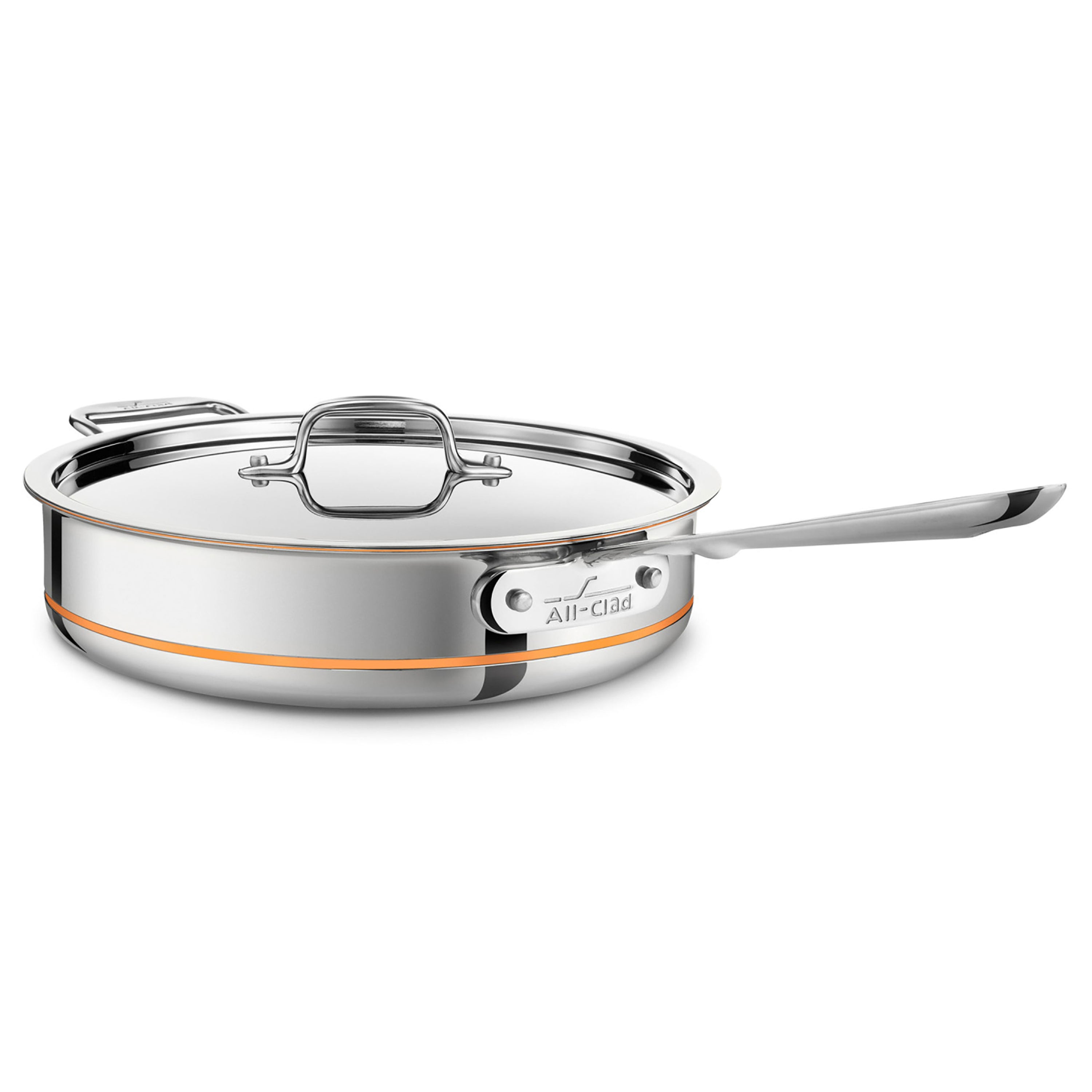 All-Clad Copper Core saute pan from above, showcasing its copper core and durable stainless steel finish.