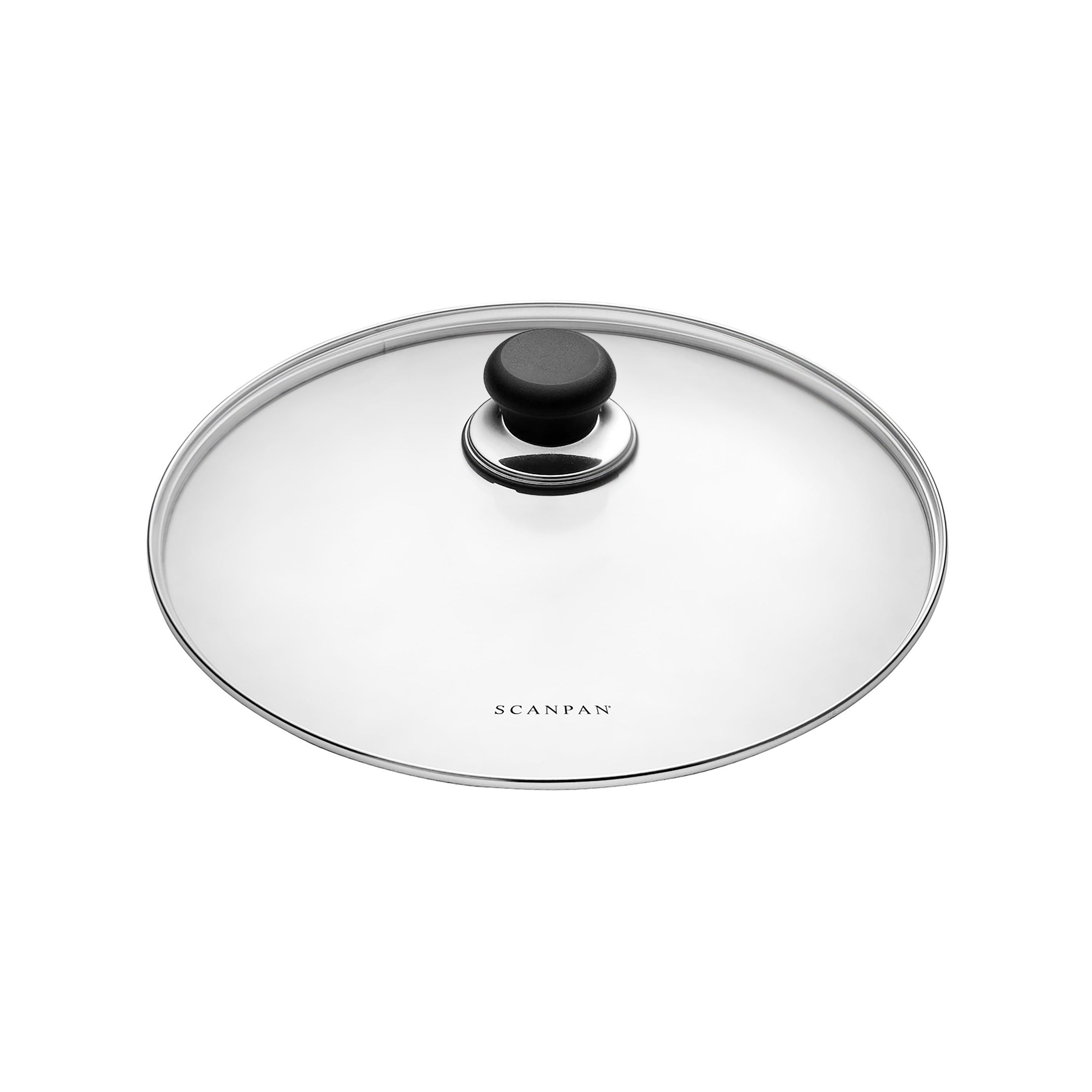 Overhead angle of Scanpan 11 inch fry pan lid placed over saute pan