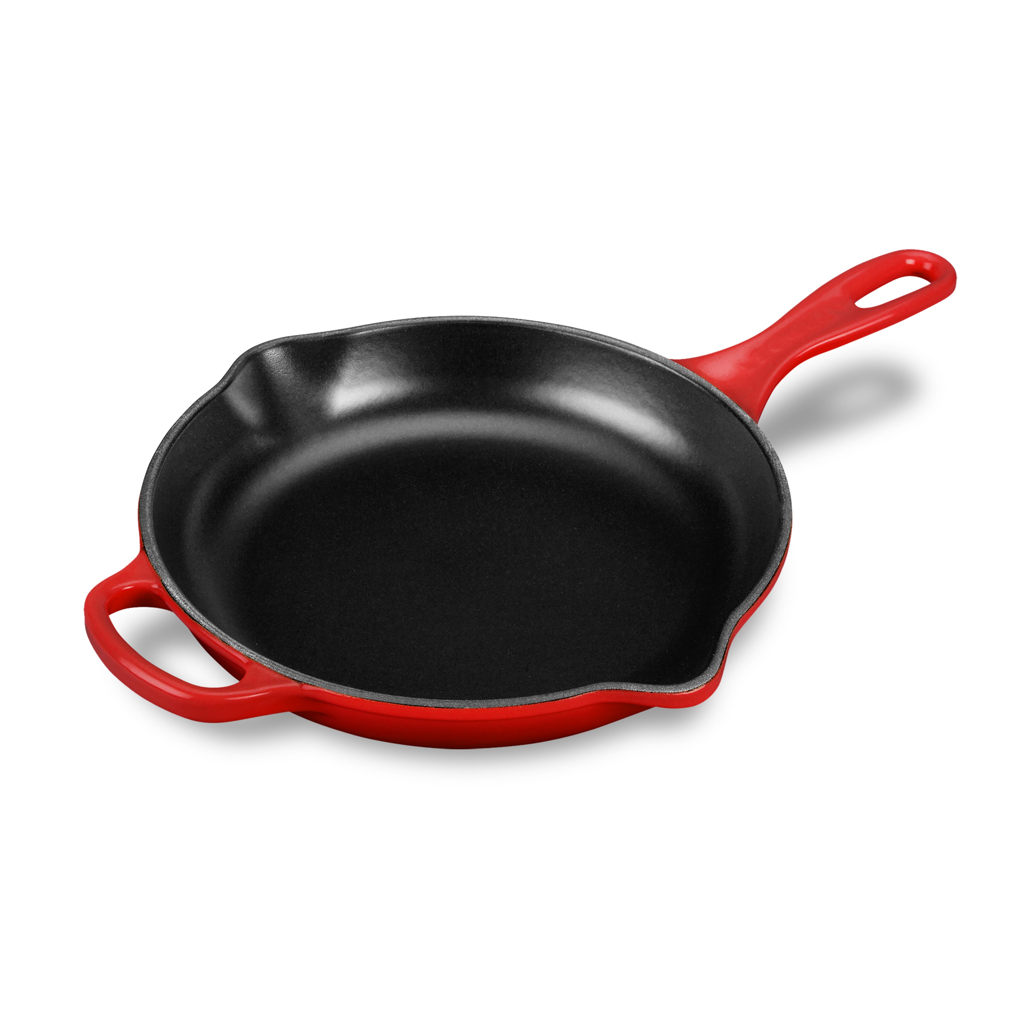 Le Creuset cast iron skillet in Cerise showing the wide handle and pour spouts