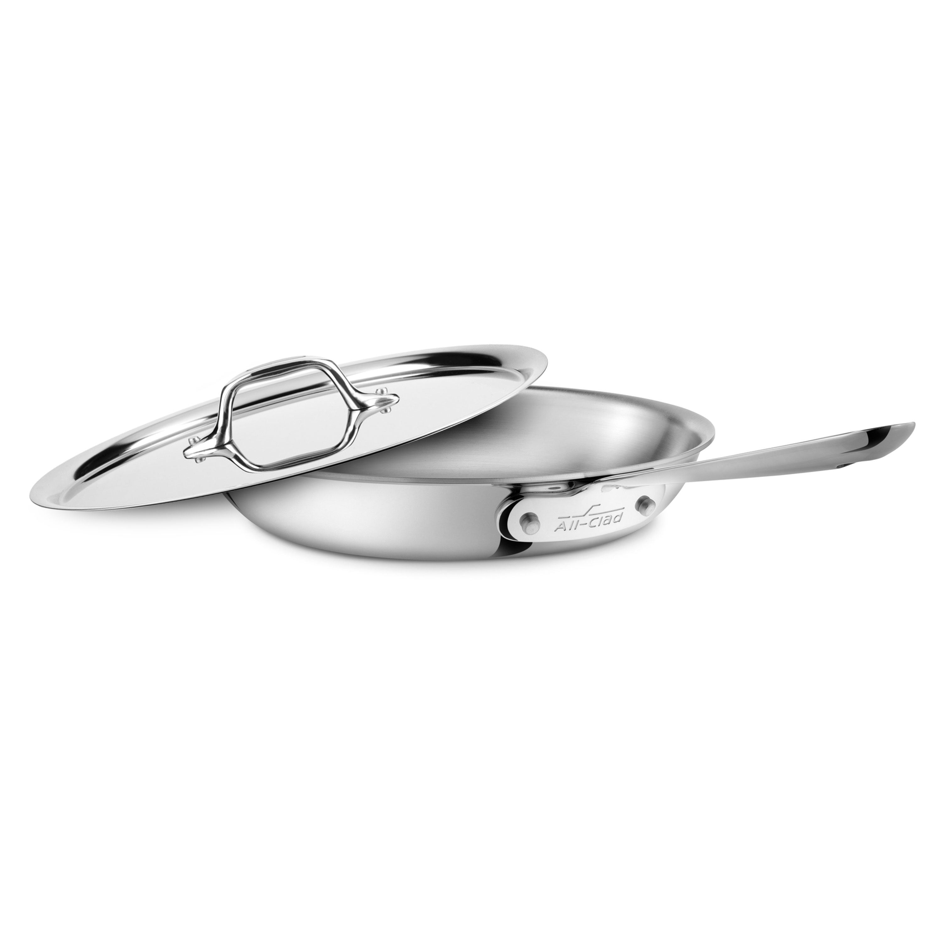Top view of the Premium 10-Inch Stainless Steel Fry Pan with Lid, showcasing its sleek design and polished finish.
