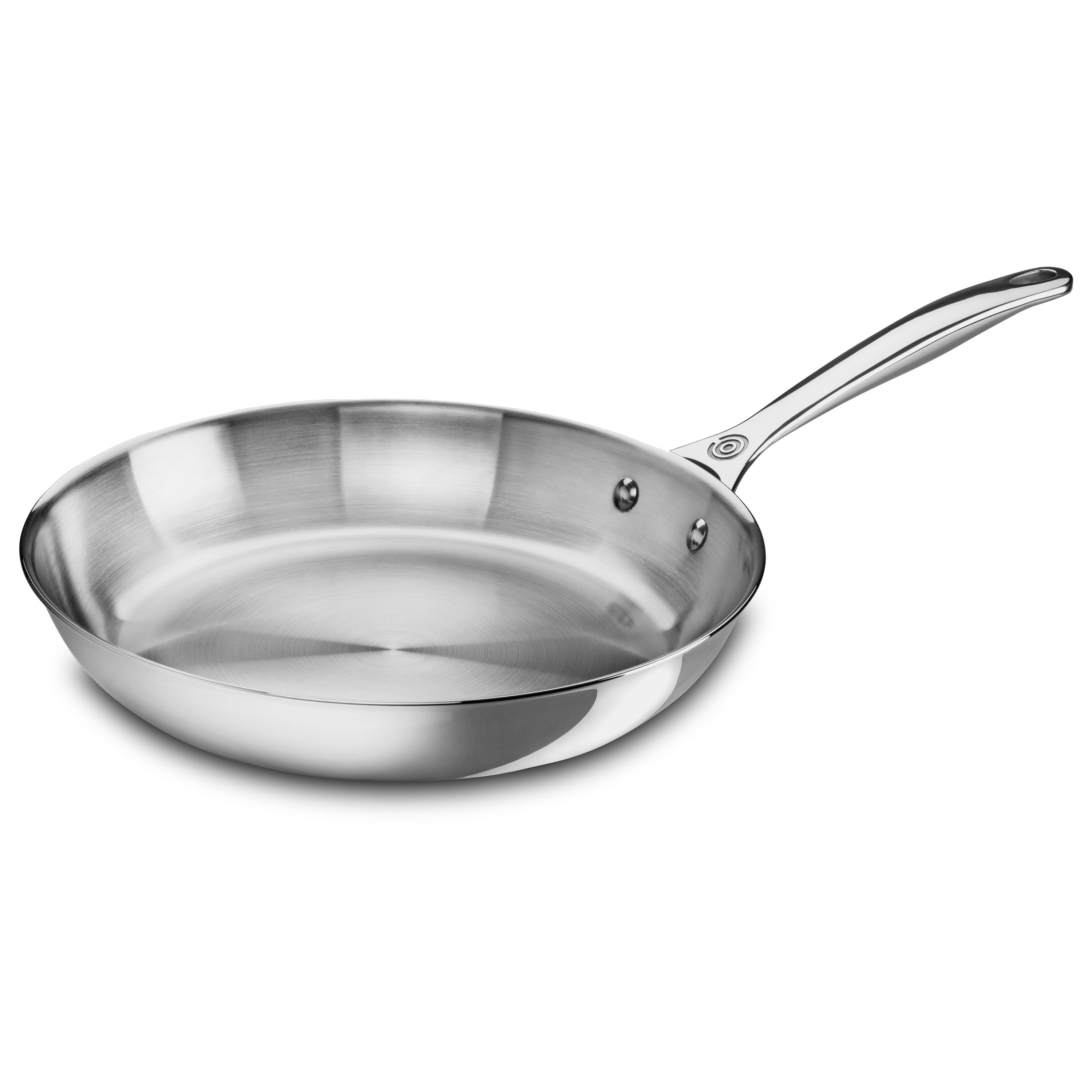 Top view of the titanium-infused 12-inch stainless steel skillet showcasing its ergonomic handle and polished finish.