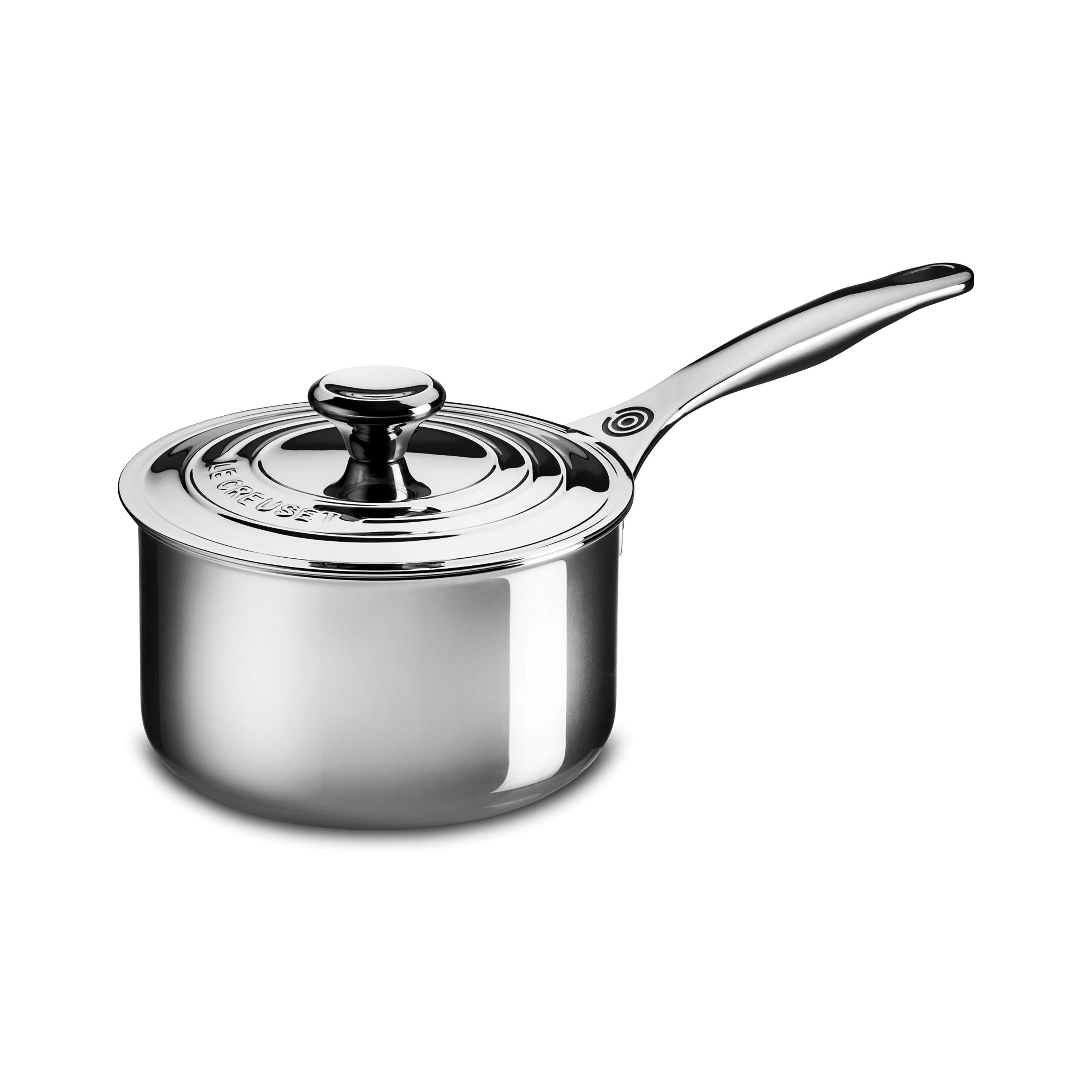 Top view of stainless steel saucepan with lid showing capacity markings and polished rim