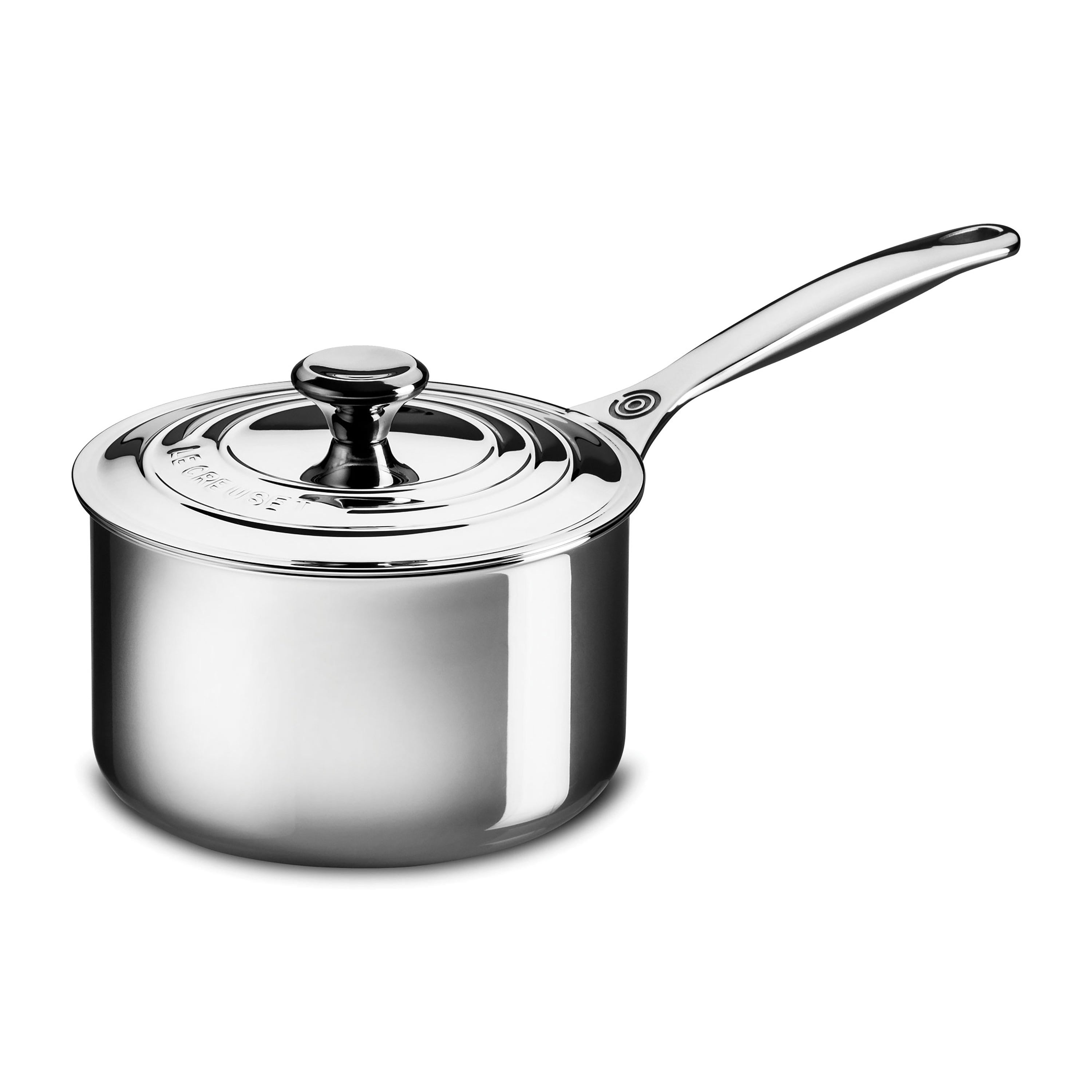 Front view of the Le Creuset 3-quart stainless steel saucepan showcasing its sleek design and ergonomic handle.