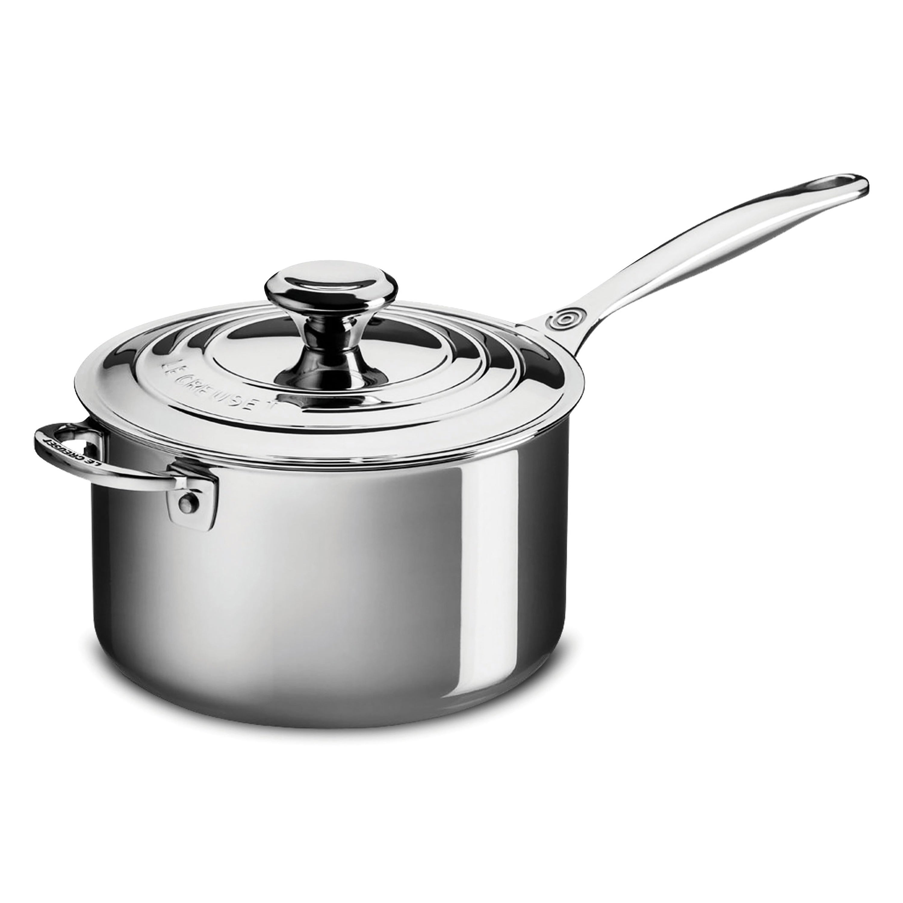 Le Creuset 4-quart stainless steel saucepan showcasing its ergonomic handle and precision-pour rim.