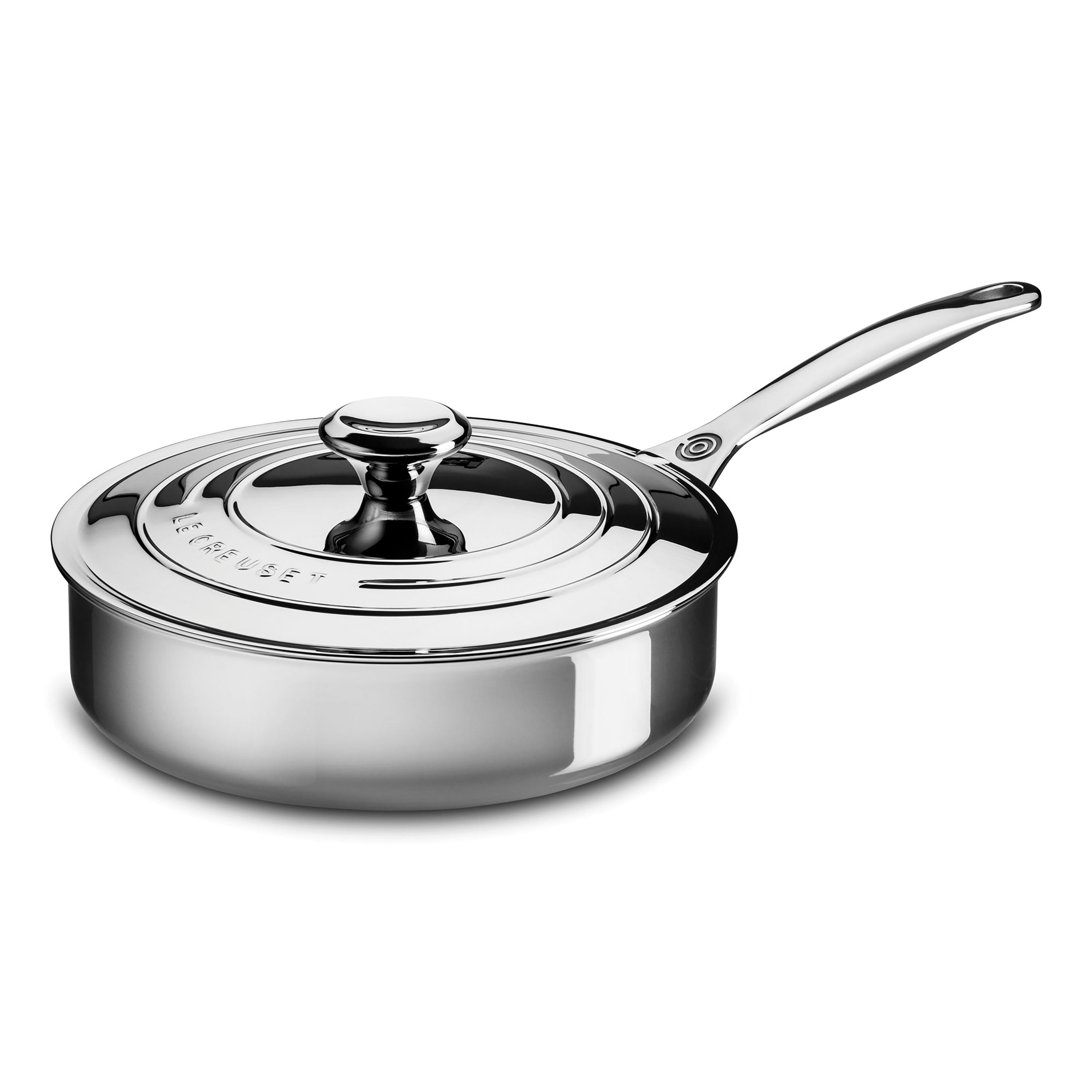 Side view of Le Creuset 3-quart stainless steel sauté pan showcasing its ergonomic handle and polished finish.
