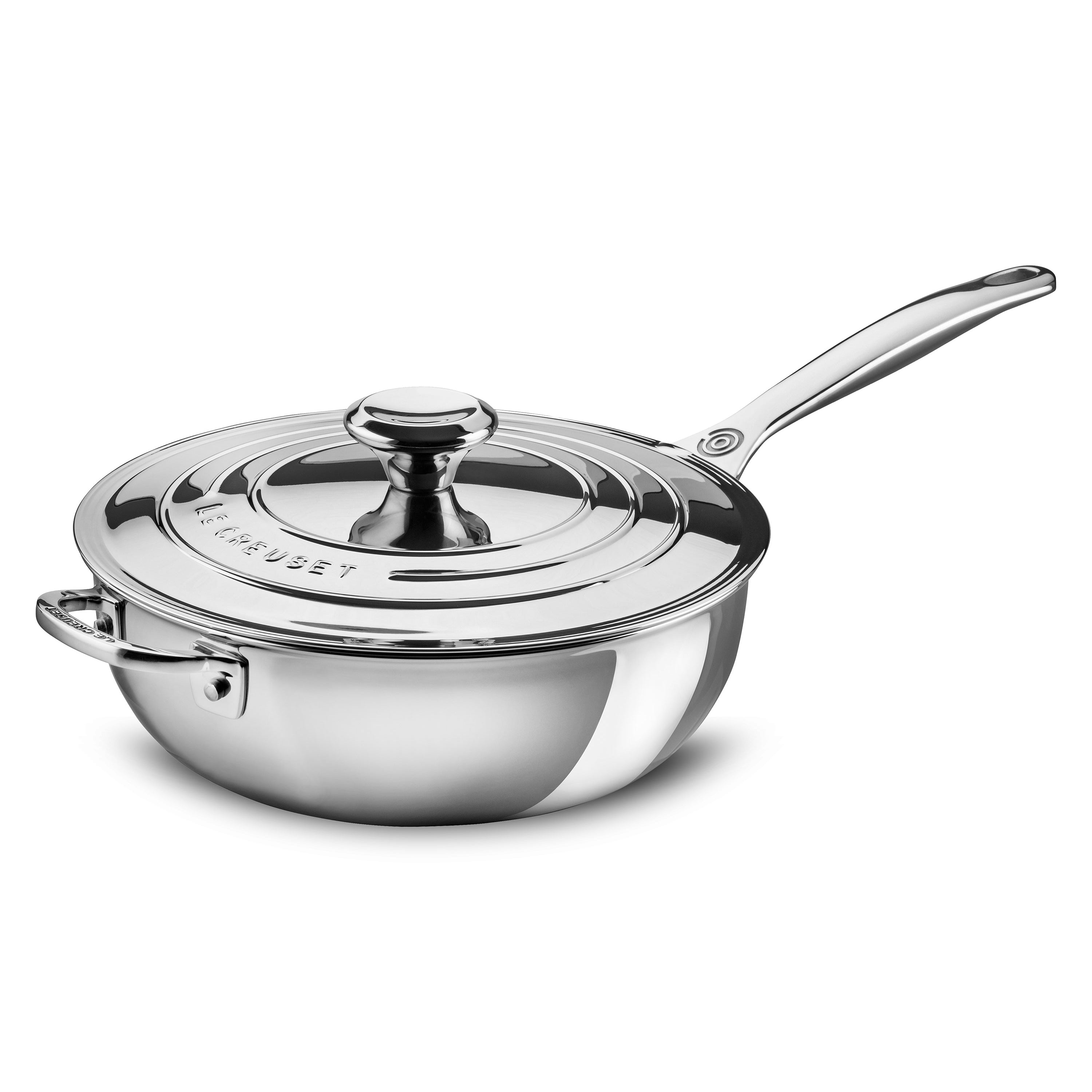 Premium 3.5-quart stainless steel saucier from the side, showcasing its ergonomic handle and sleek design.