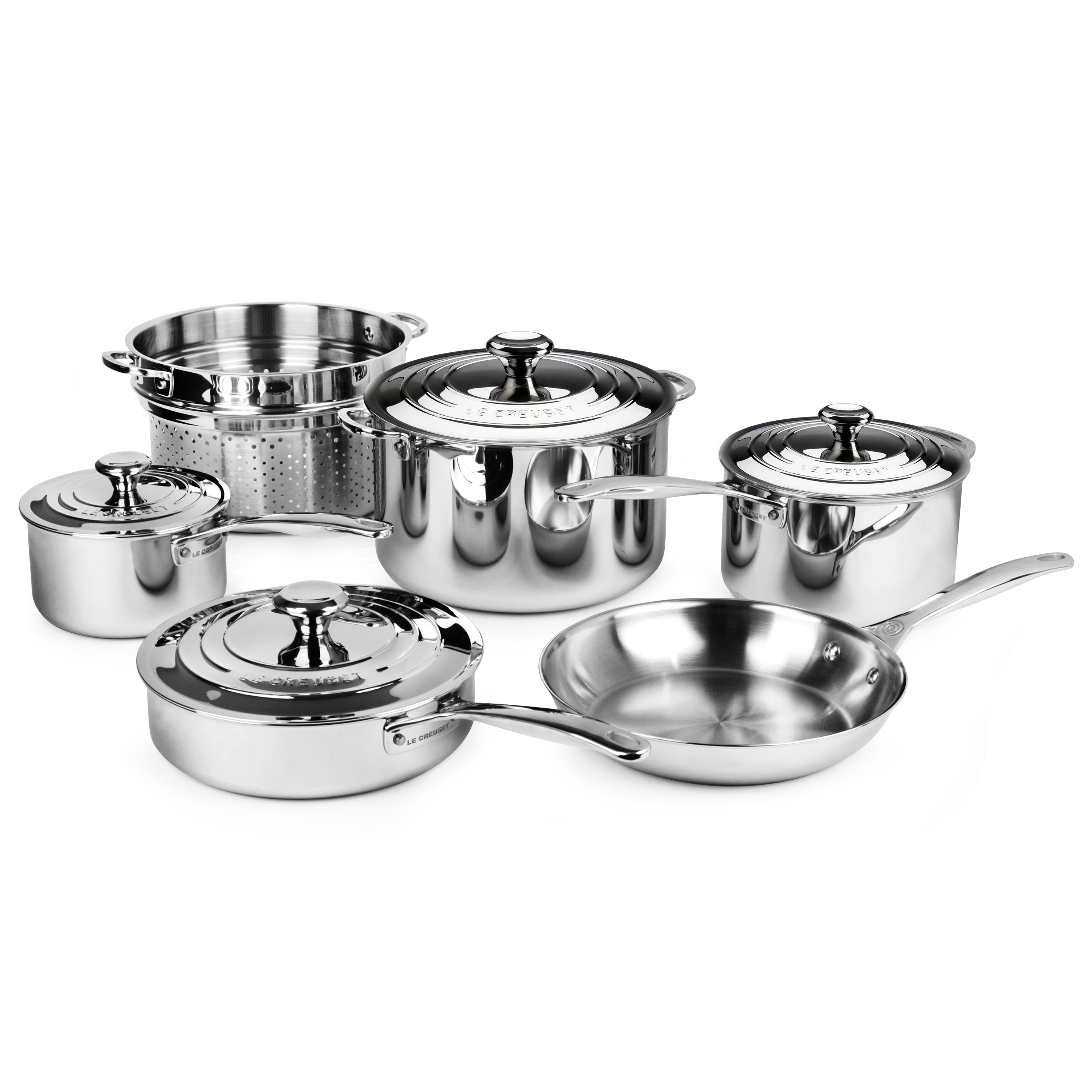 Close-up view of the stainless steel cookware set showcasing its polished finish and ergonomic handles.