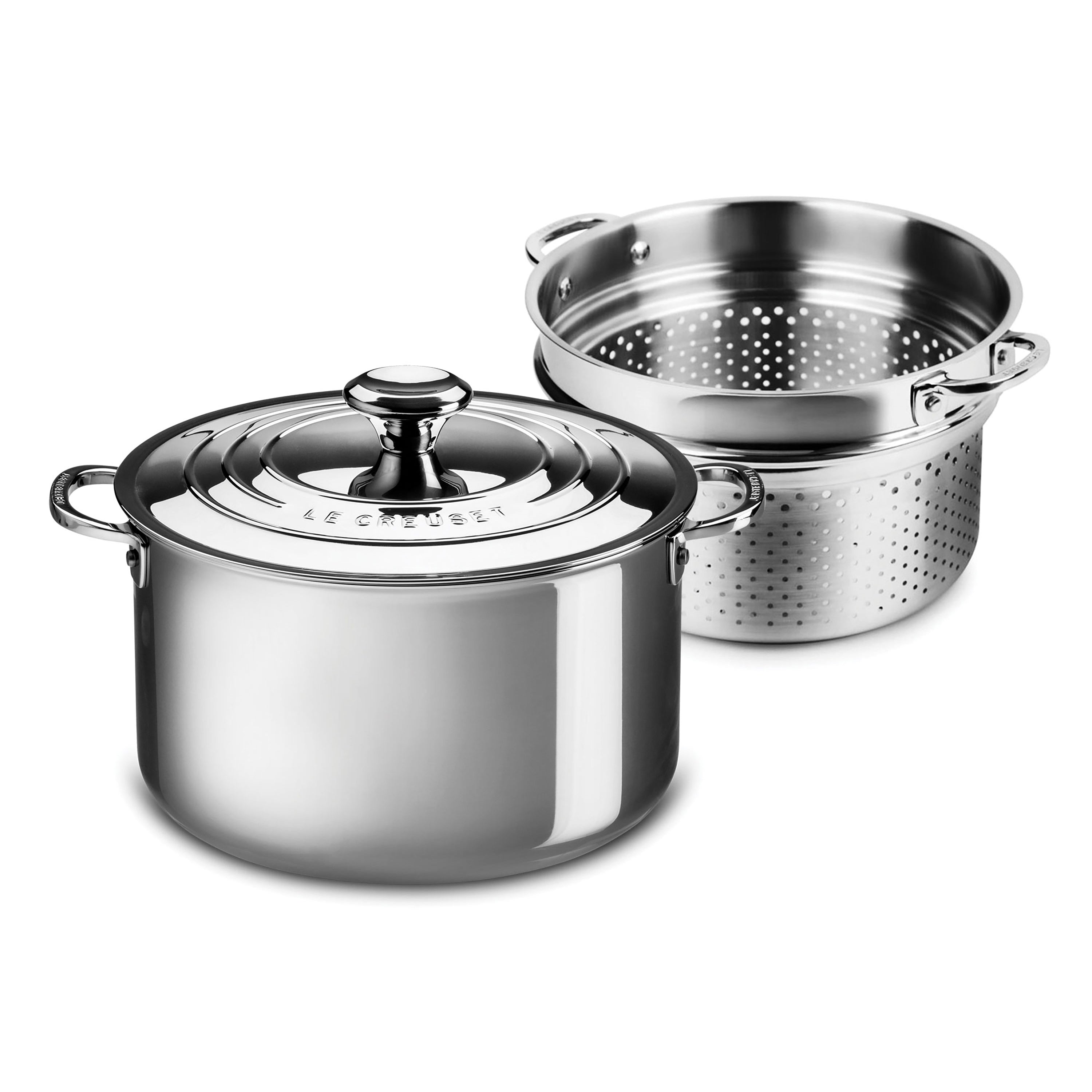 Side view of the Le Creuset stainless steel stock pot showcasing its ergonomic handle and polished finish.