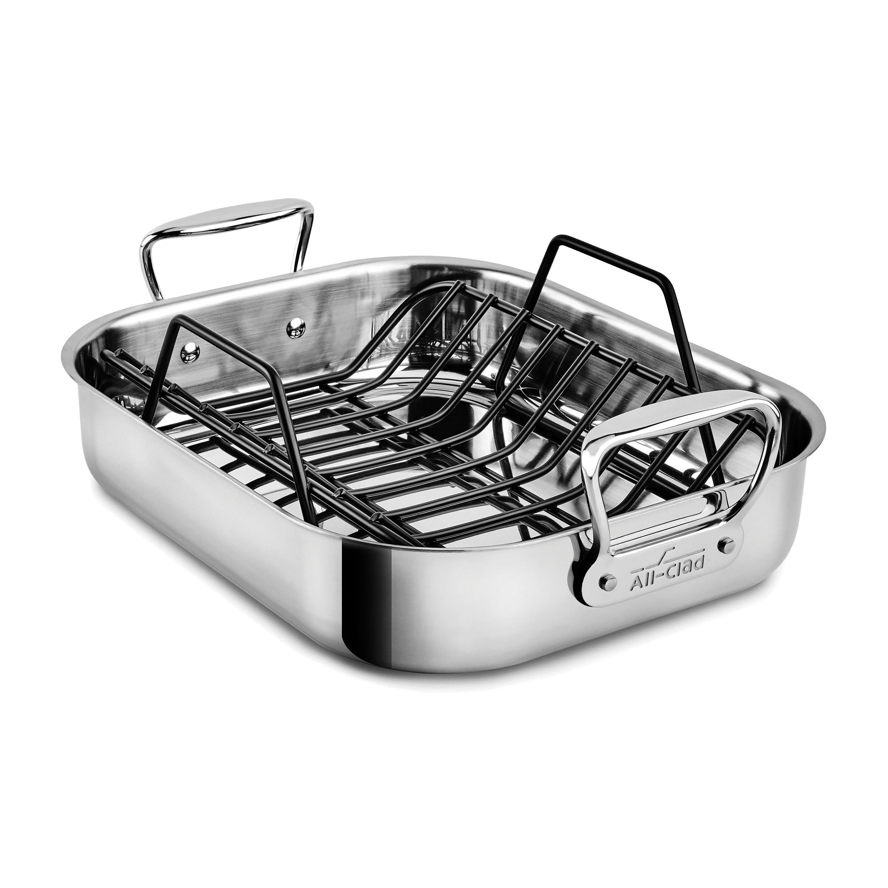 Premium All-Clad 14 x 11 stainless steel roasting pan showcasing its polished surface