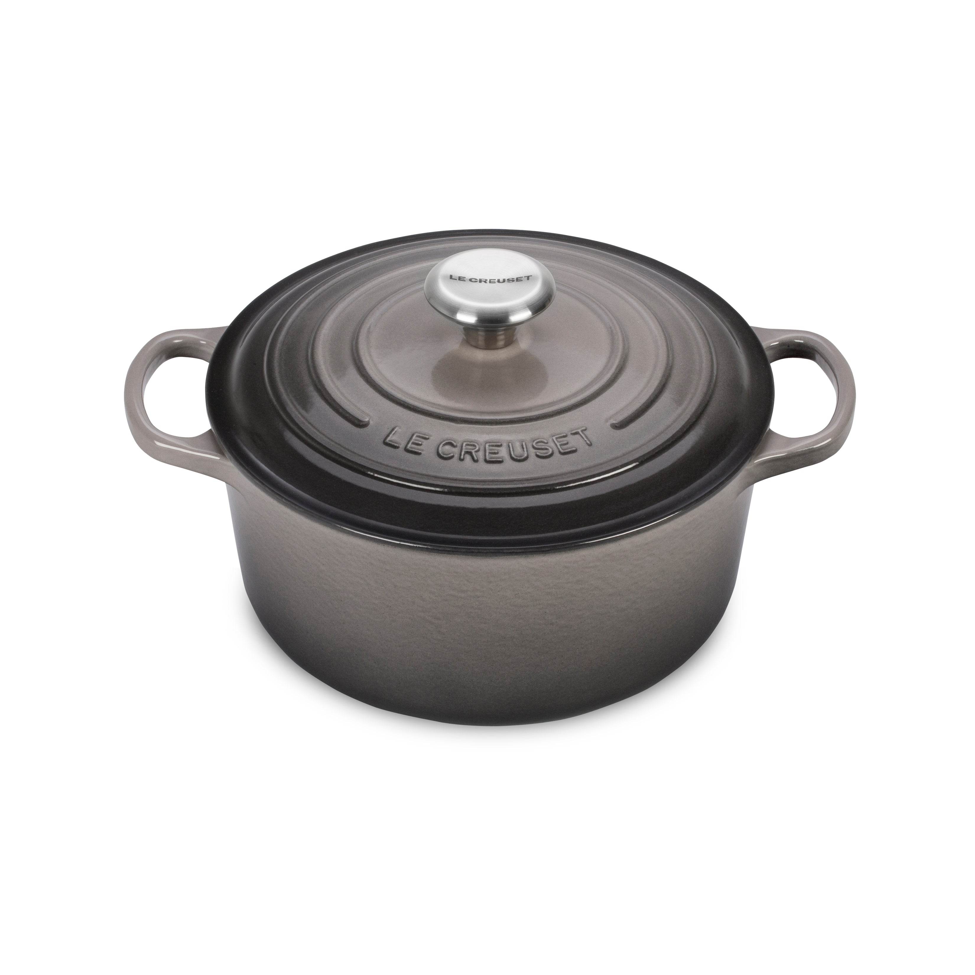 Top-down view of Le Creuset 4.5 quart dutch oven in Oyster Gray, showing tight-fitting lid and ergonomic knob