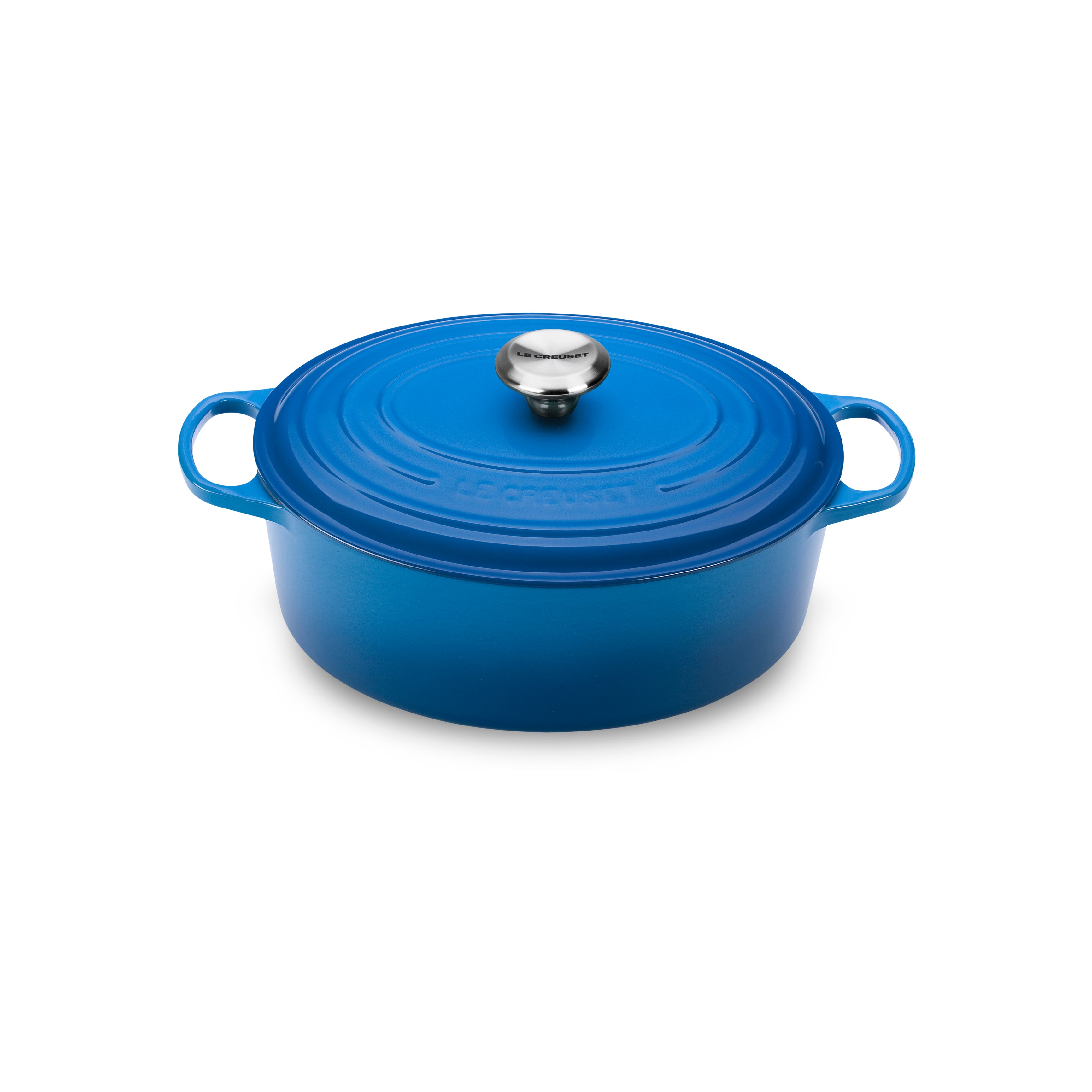 Le Creuset Marseille oval Dutch oven with lid, highlighting its enameled exterior and sturdy handles
