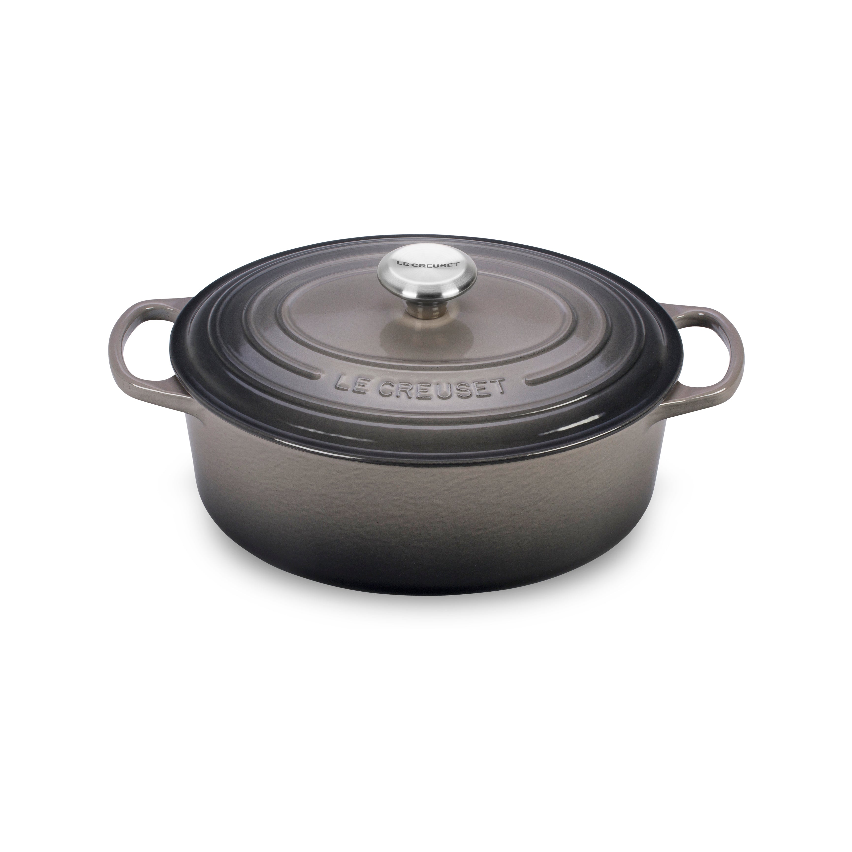 Top-down view of the Le Creuset 5-quart Dutch oven in Oyster Gray, showing its tight-fitting lid and ergonomic knob