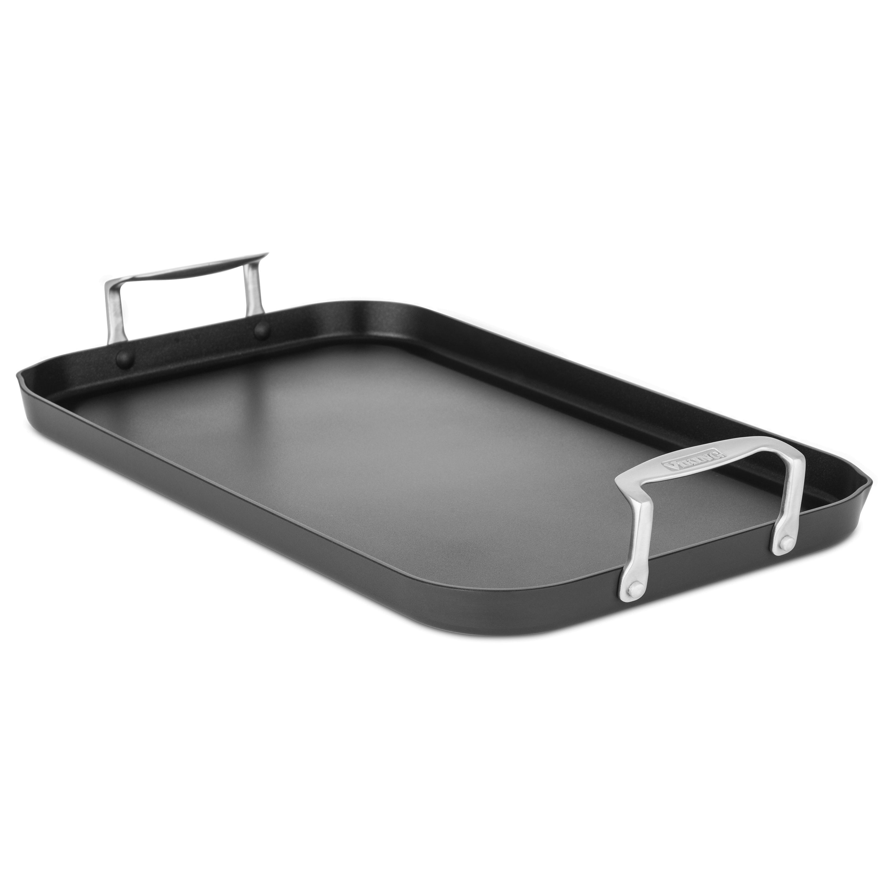 Viking Elite griddle showcasing its nonstick surface and ergonomic handles from a top angle.