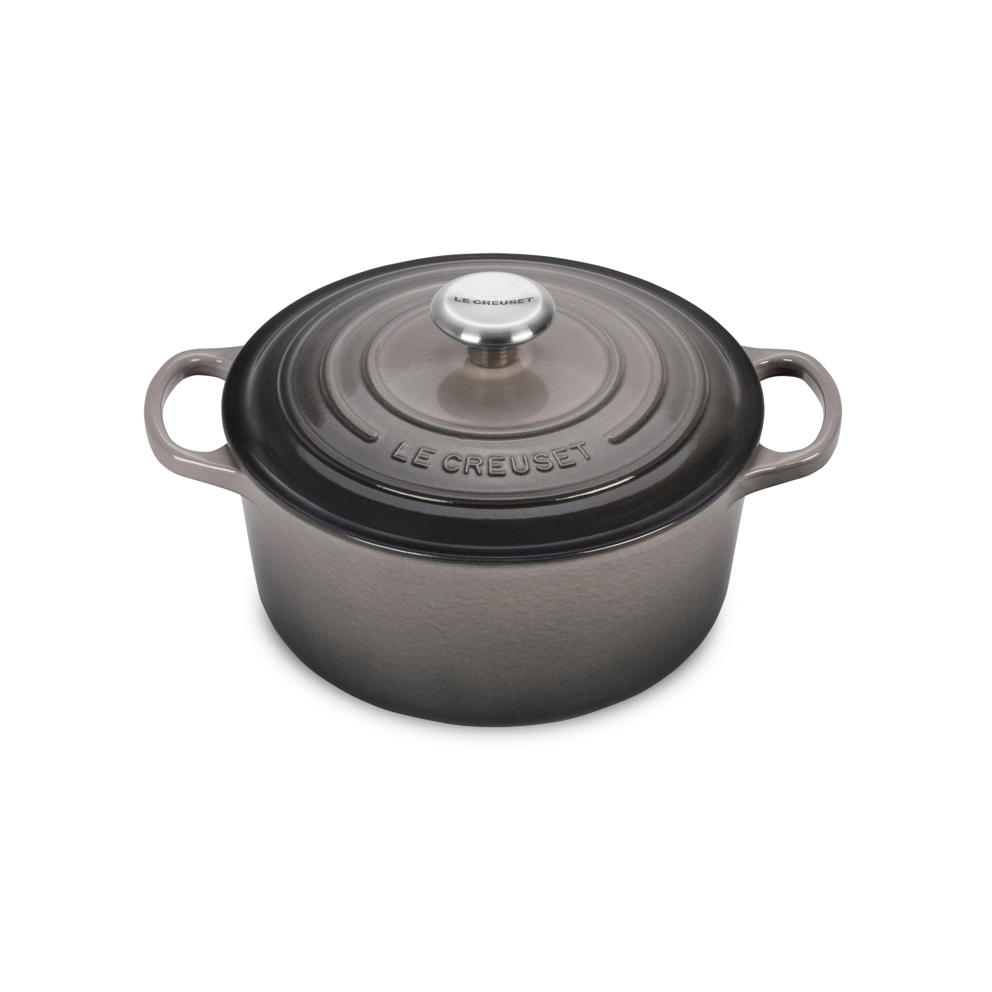 Le Creuset Signature Dutch oven from the side, displaying the durable enamel coating in Oyster color.
