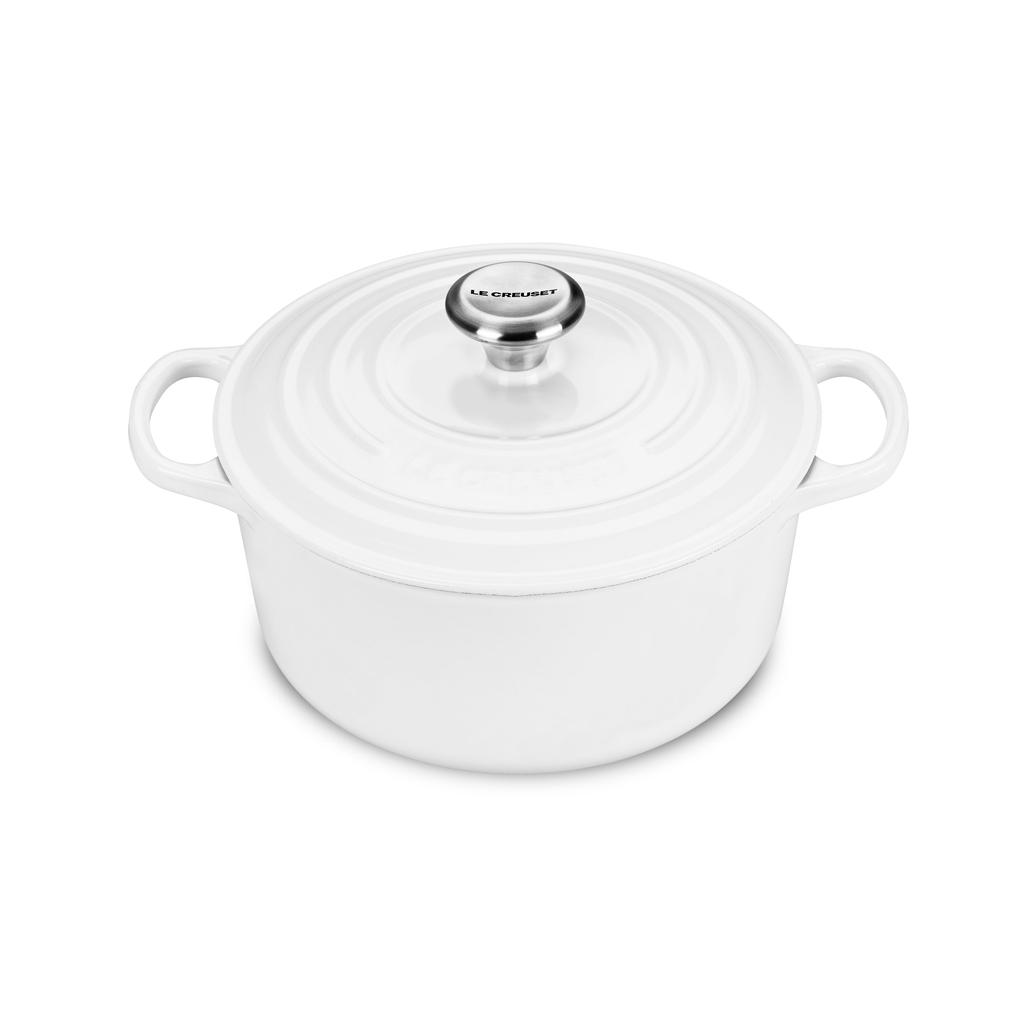 Side view of Le Creuset White Round Dutch Oven showing its ergonomic handles and stainless steel knob.