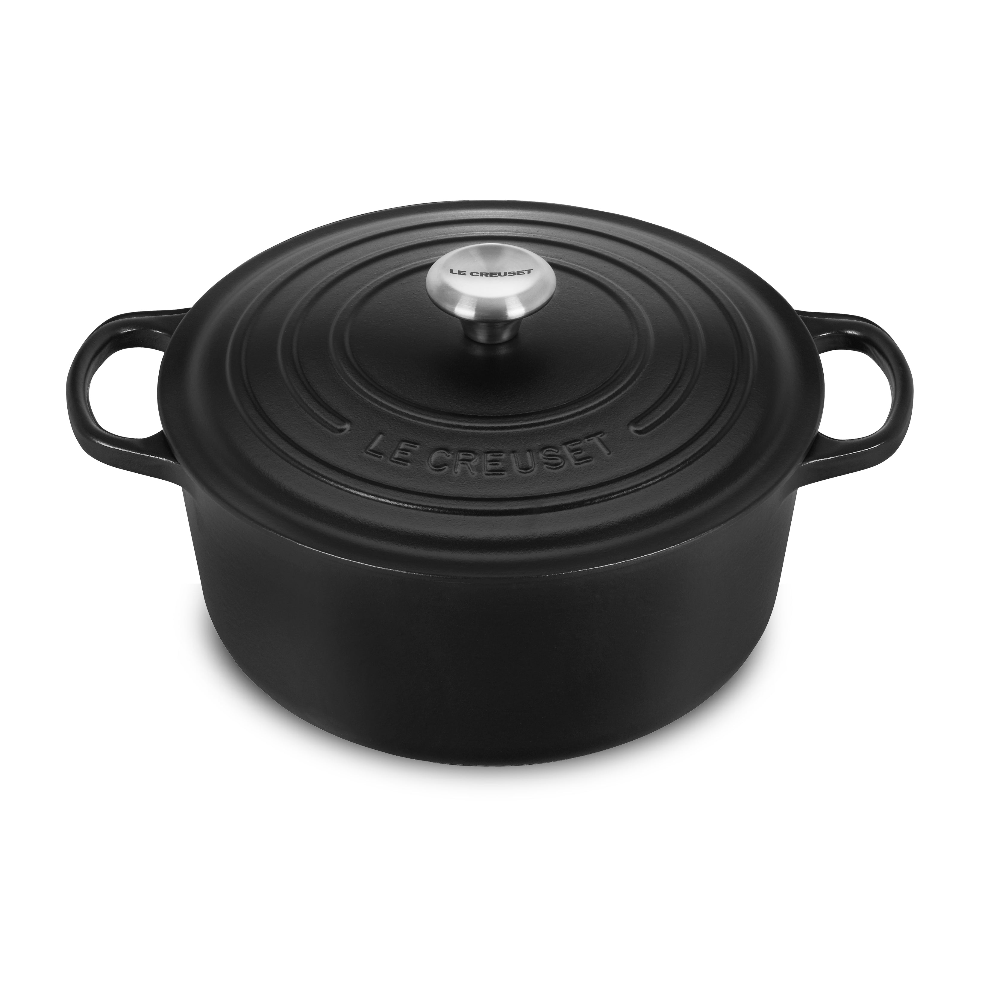 Top-down view of Le Creuset licorice Dutch oven filled with hearty beef stew – classic cast iron cookware.
