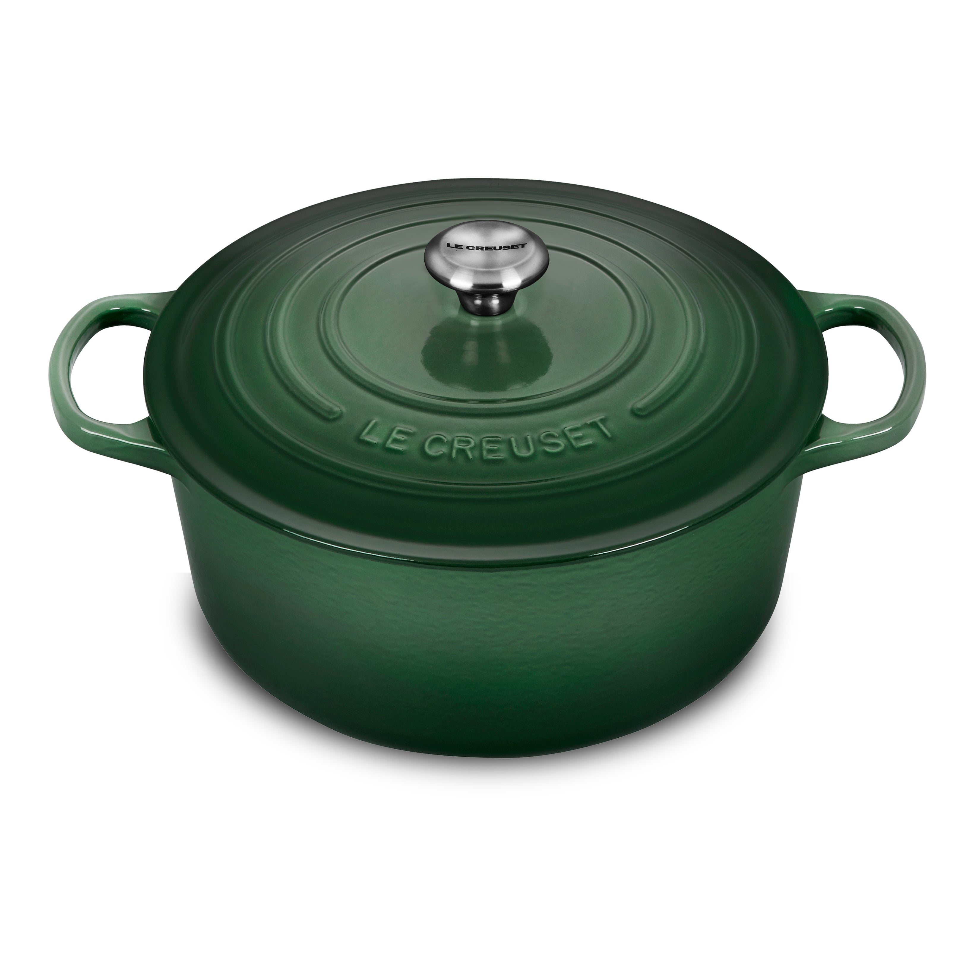 Le Creuset 9-quart enameled Dutch oven showcasing its vibrant Artichaut color and ergonomic design.