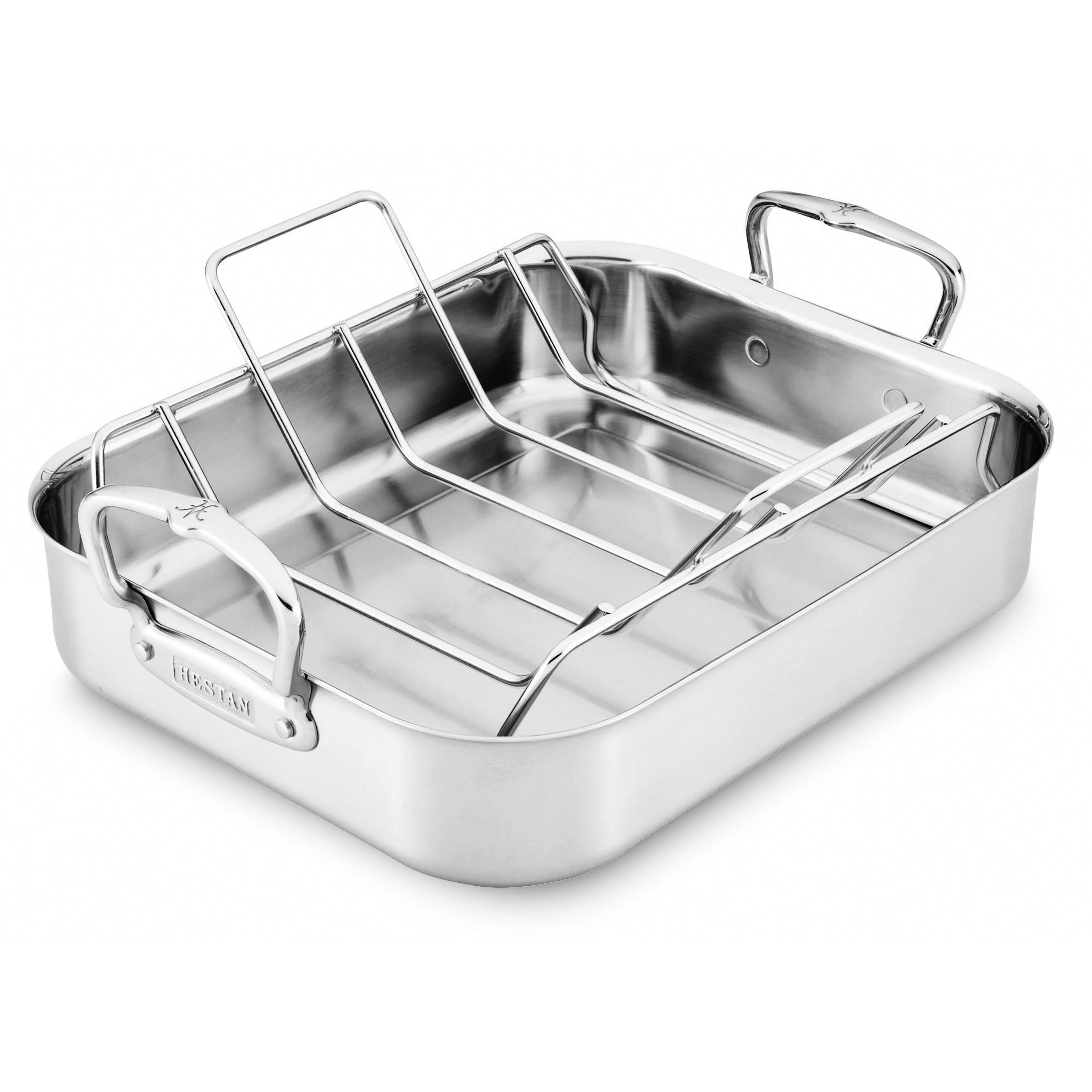 Premium tri-ply roasting pan with rack showcasing its elegant design and polished handles.