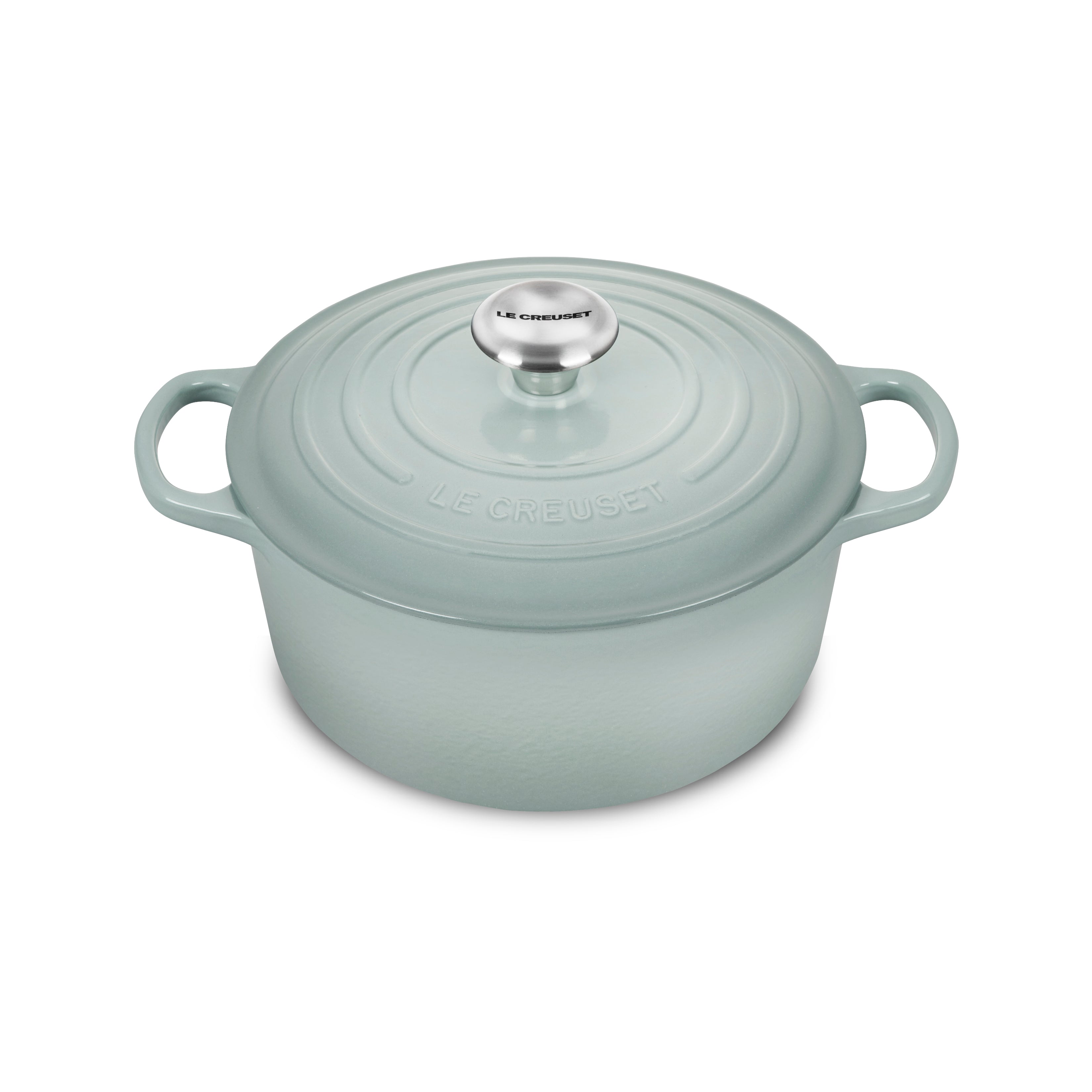 Le Creuset cast iron Dutch oven in sea salt color, angled view for showcasing its design.