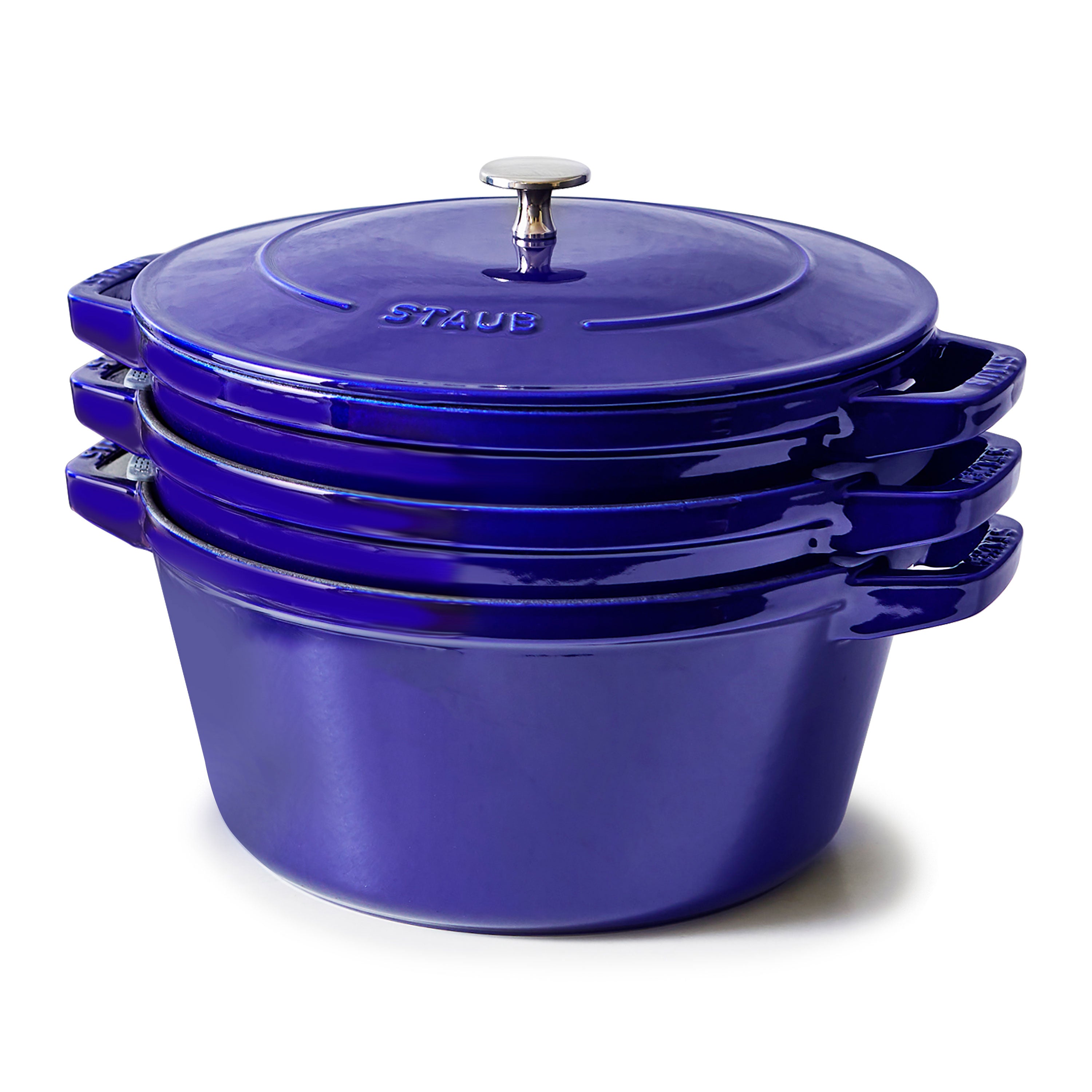 Sapphire Blue Stackable Cast Iron Cookware Set showcasing its sleek design and unique nesting feature.