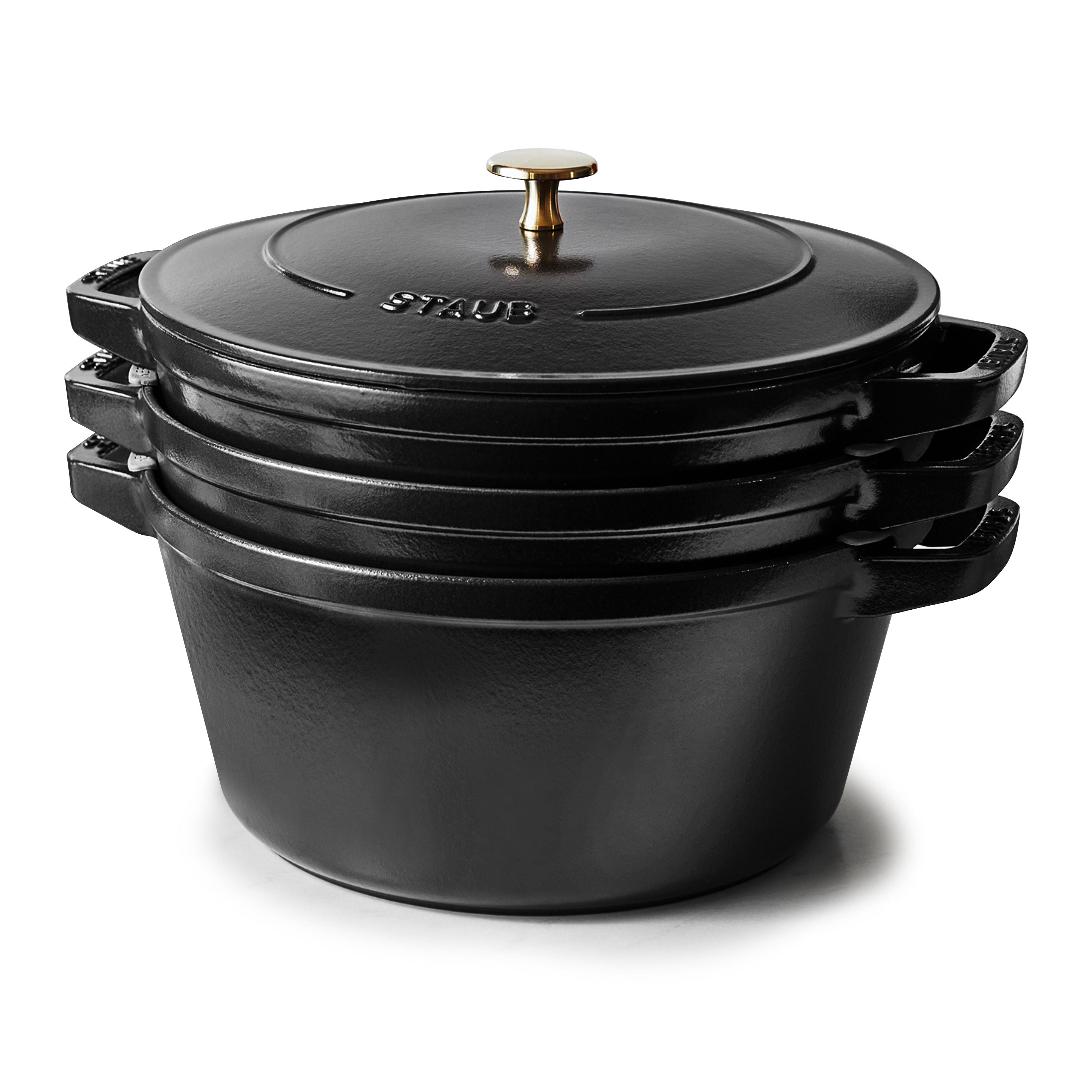 Matte Black Stackable Cast Iron Cookware Set displayed in a modern kitchen, highlighting its sleek design.