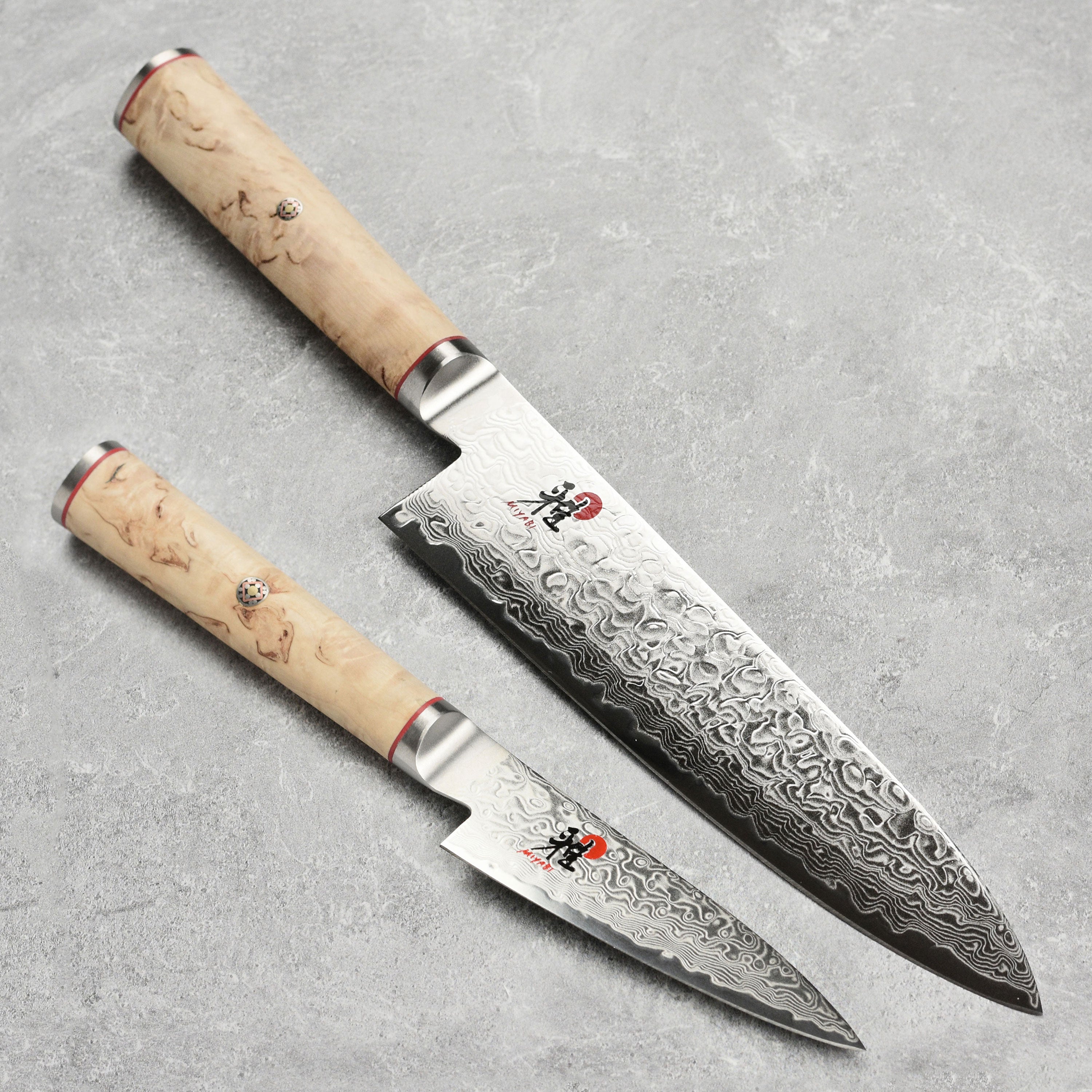 Miyabi Birchwood SG2 chef's knife with Damascus pattern and Karelian Birchwood handle