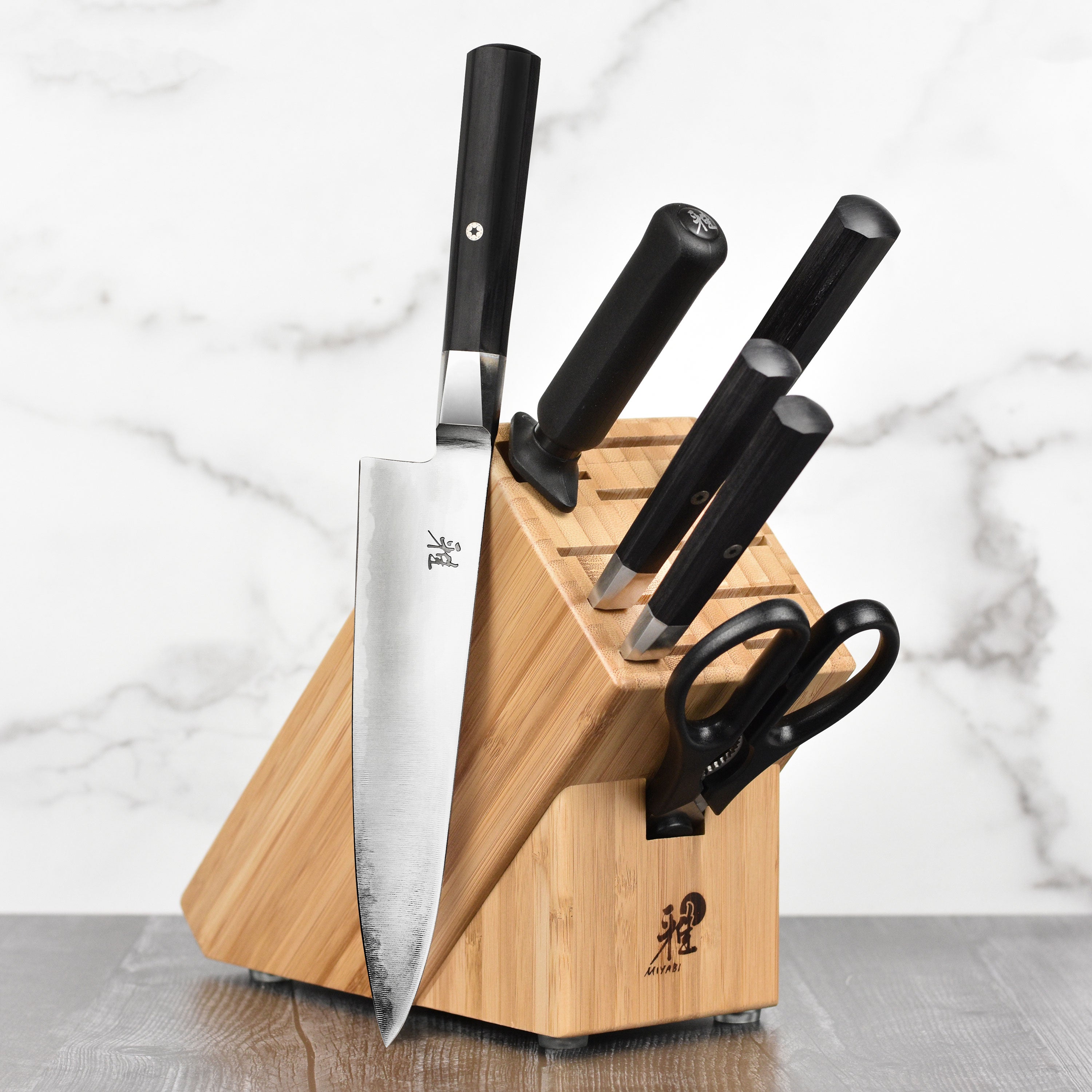 Miyabi Koh knife block set viewed from the front, highlighting the elegant design and sharp blades.