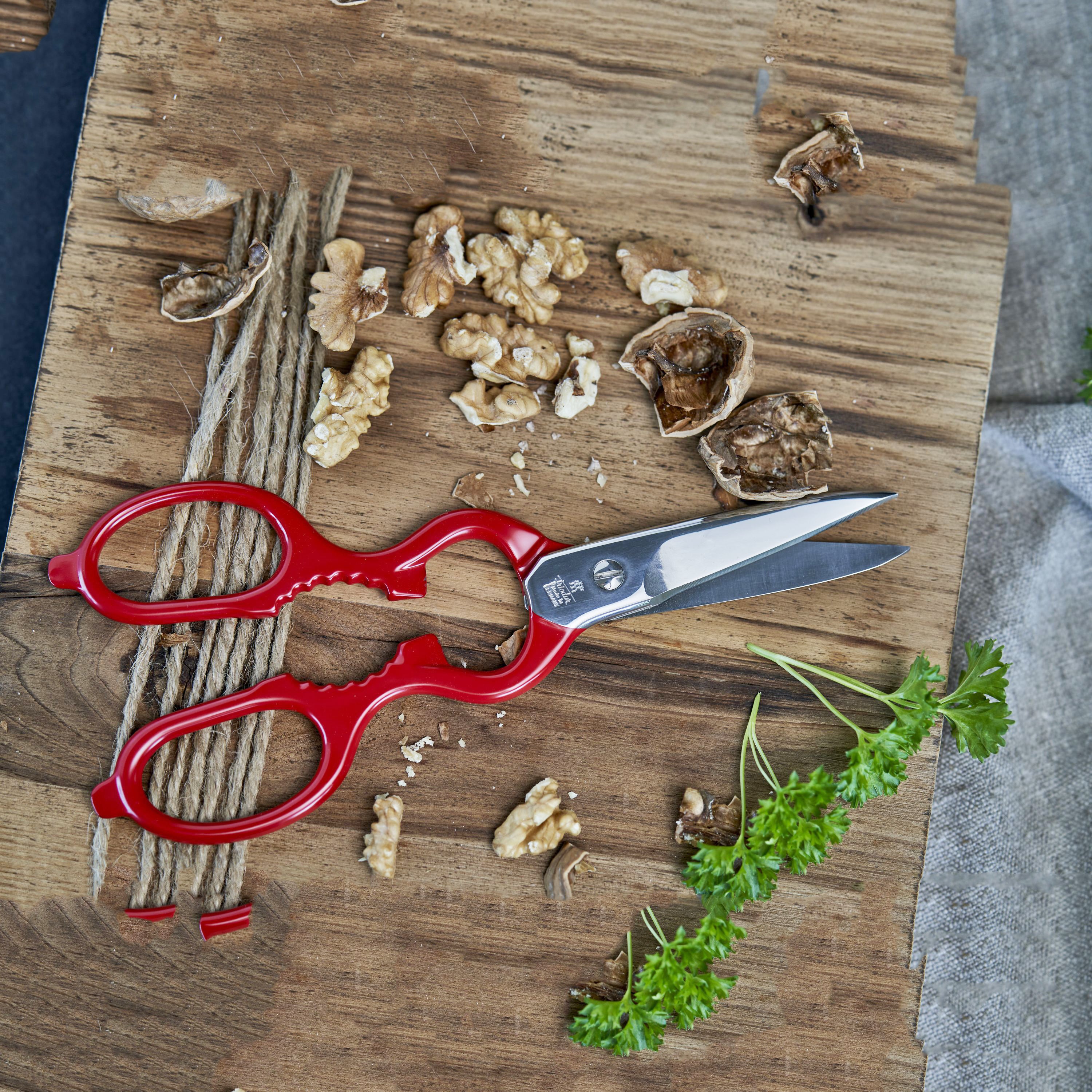 Close-up view of the premium kitchen shears showcasing the micro-serrated blades.
