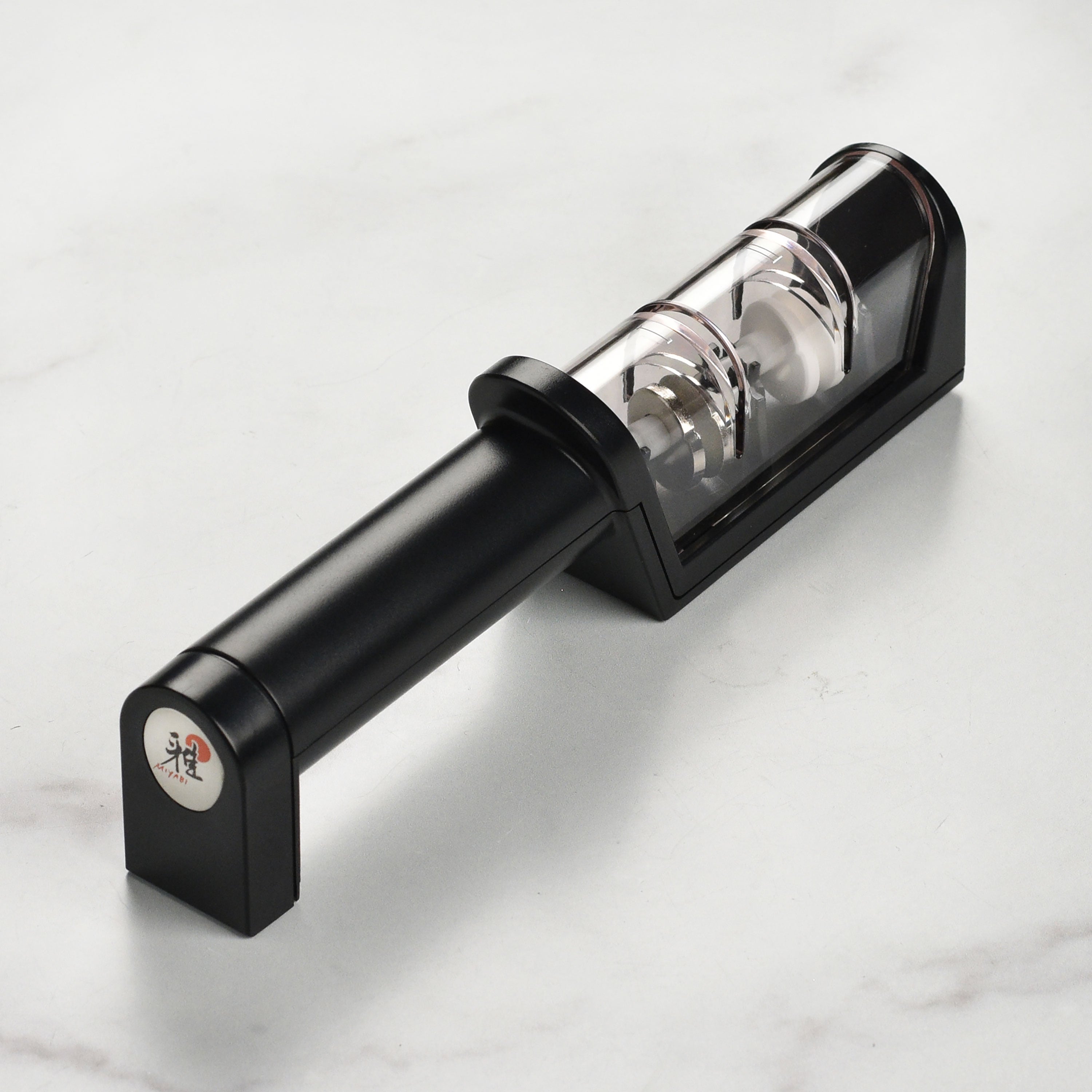 Miyabi knife sharpener with diamond and ceramic wheels for precise sharpening