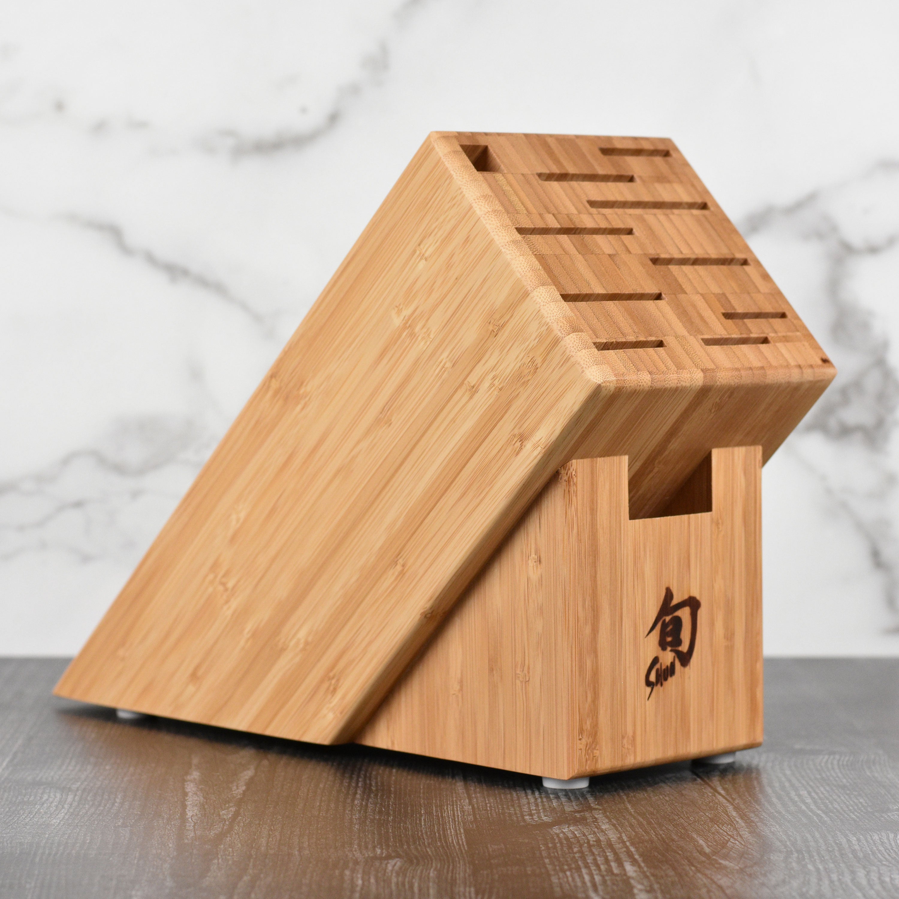 Bamboo knife holder with knives arranged neatly, emphasizing its organization and aesthetic appeal.