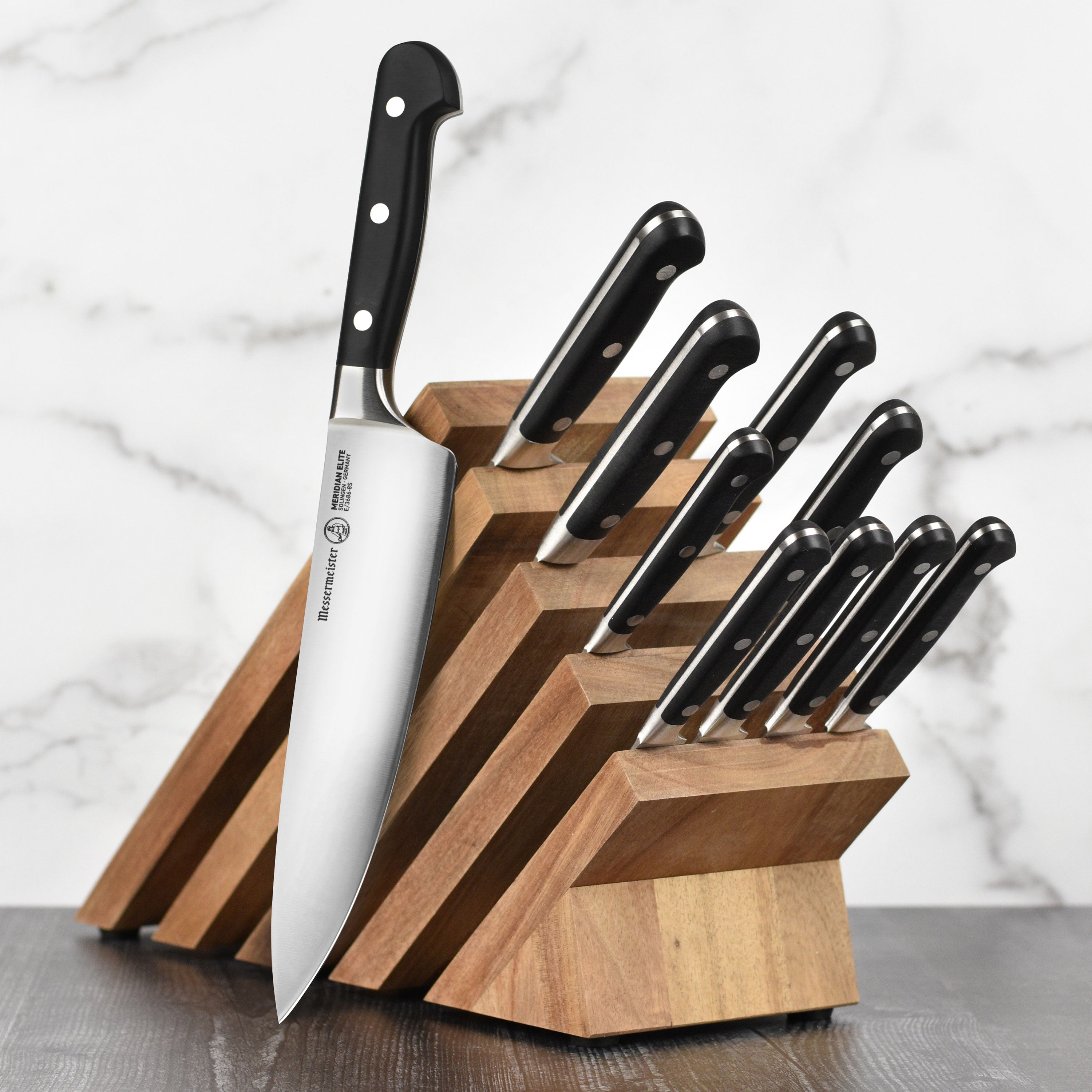 Meridian Elite knife block set showcasing the ergonomic design and polished edges.