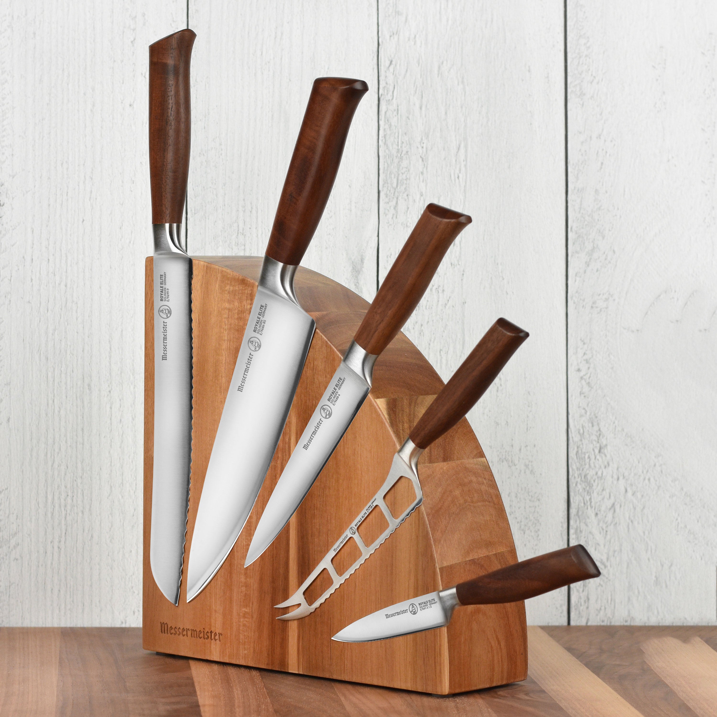 Close-up of the Elite German stainless steel knife block set showcasing the polished blades and wooden block.
