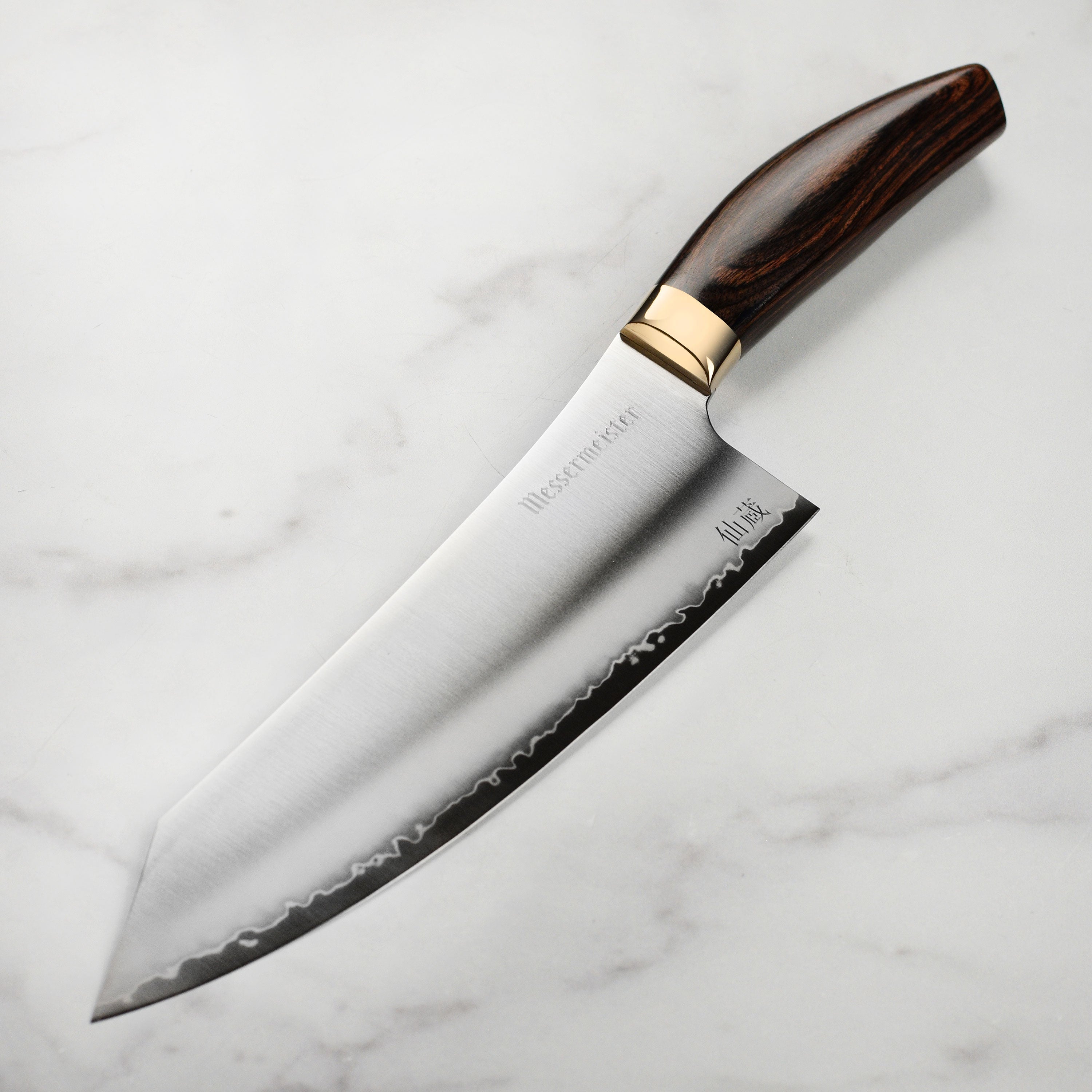 Close-up view of the Messermeister SG2 Elite 8-Inch Japanese Chef's Knife showcasing its sharp blade and pakkawood handle.