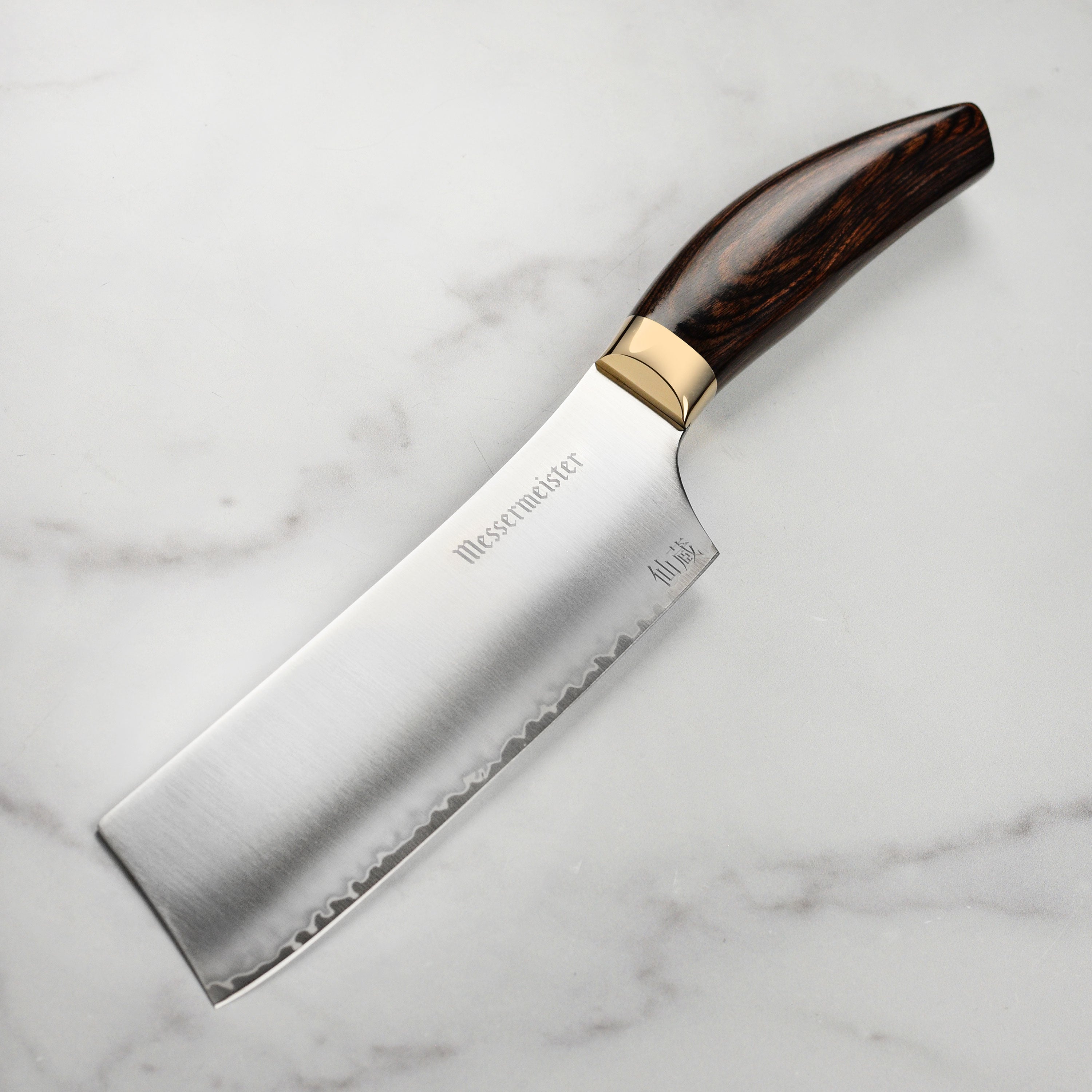 Messermeister Kawashima SG2 Nakiri knife with detailed blade close-up