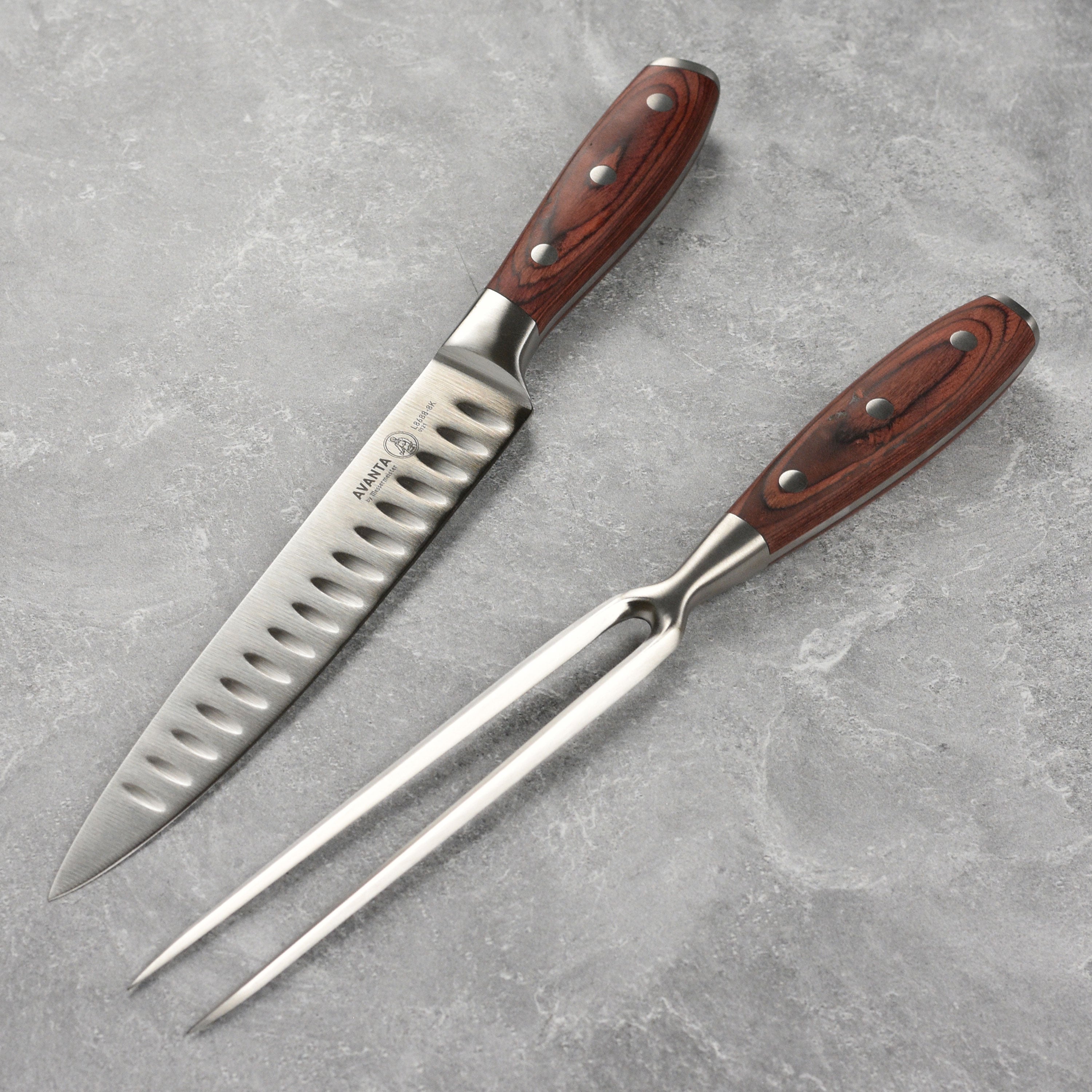 Close-up view of the forged knives with pakkawood handles, showcasing their elegant design.