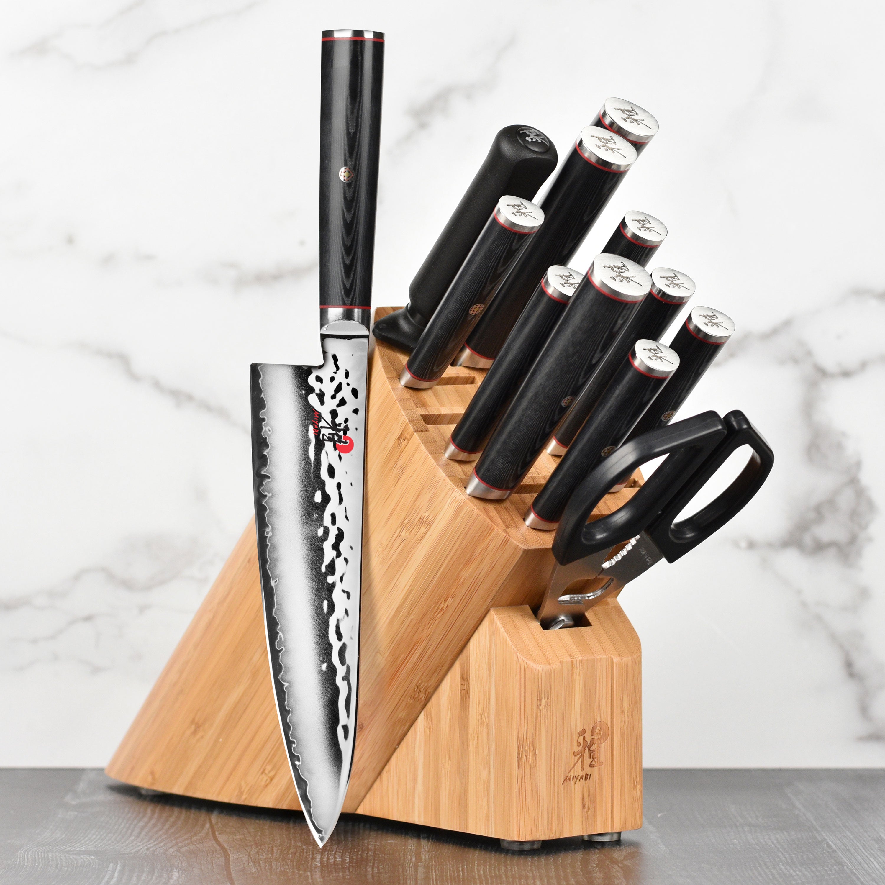 Miyabi Mizu SG2 knife set displayed in a kitchen setting, highlighting its elegant design and craftsmanship.